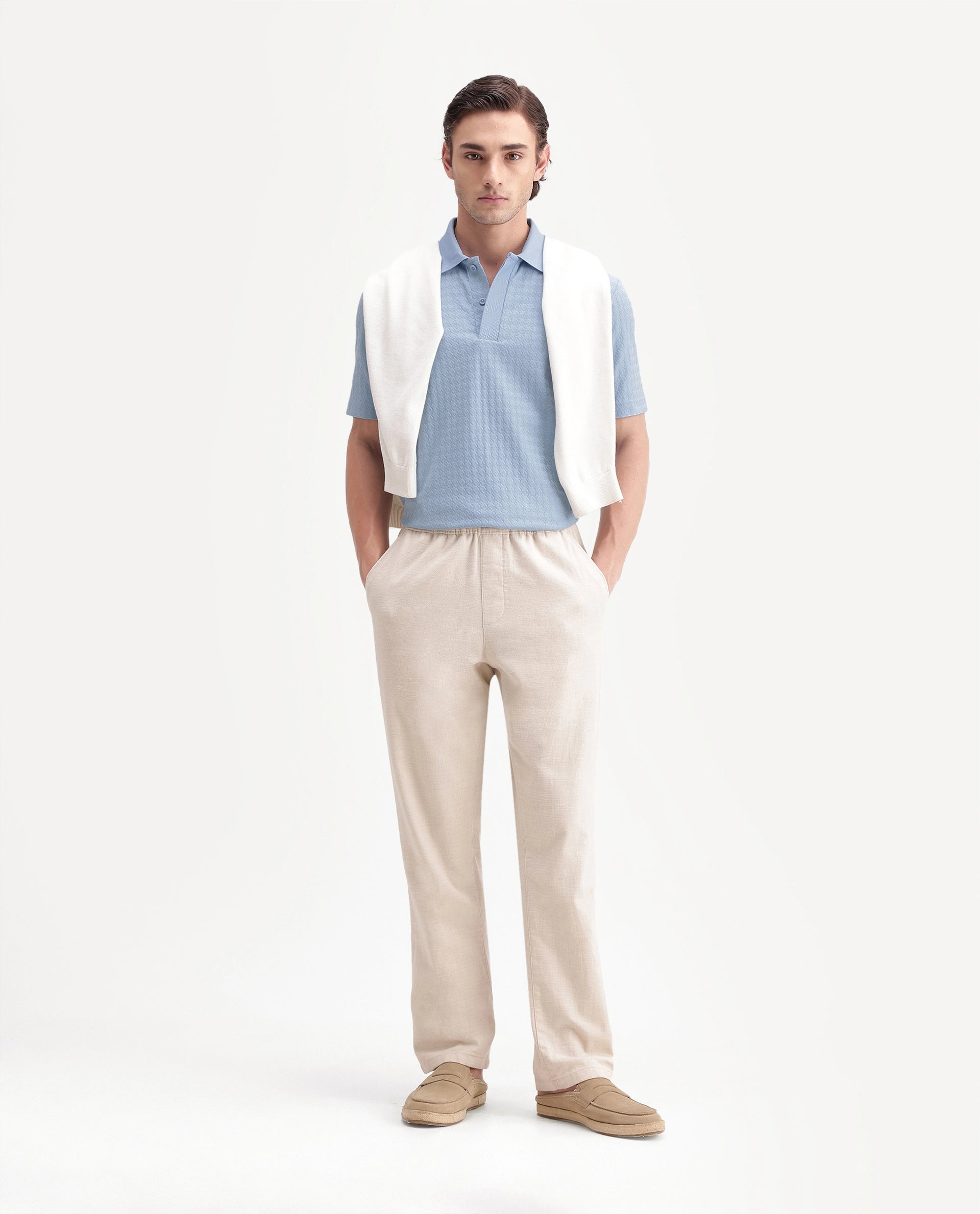 Rare Rabbit Men's Hrid Light Blue Cotton Blend Spread Collar Regular Jacquard Polo