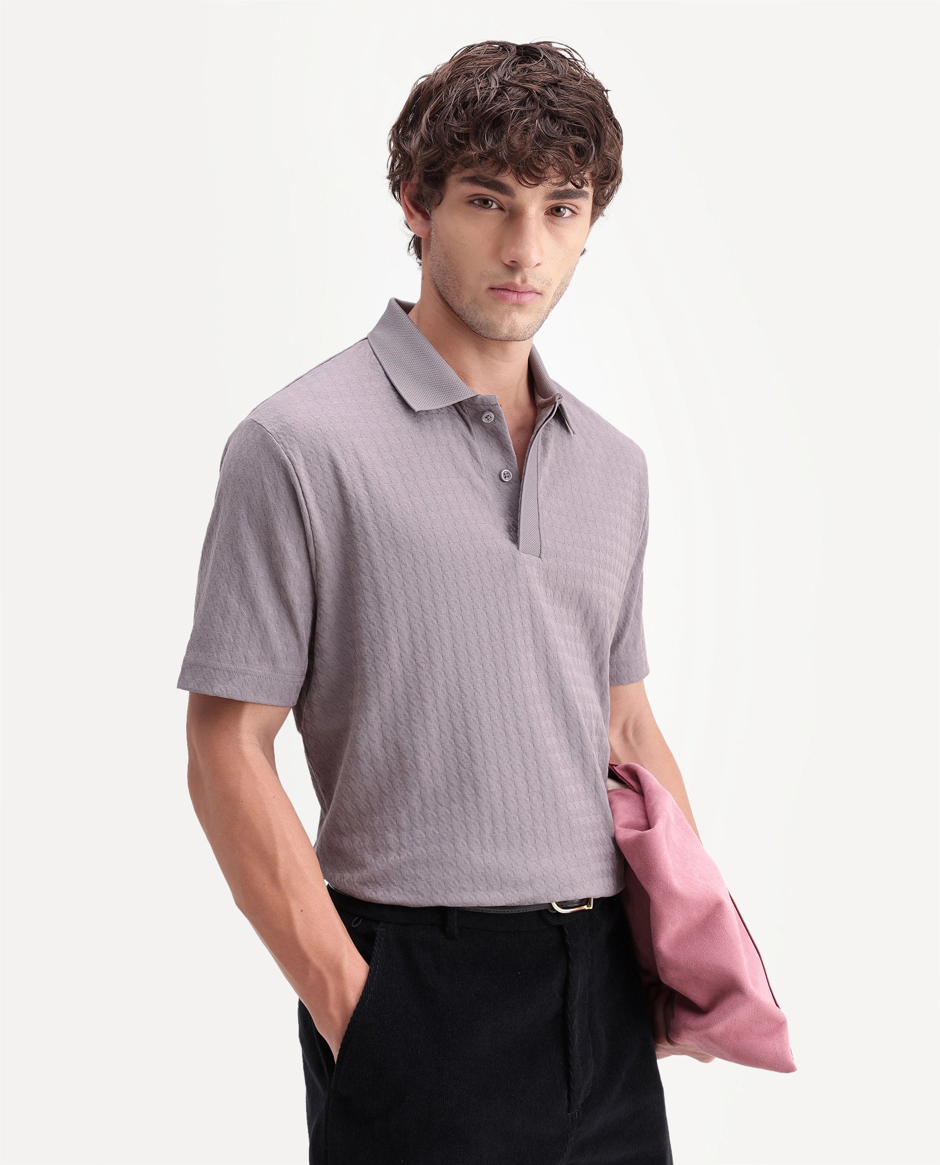 Rare Rabbit Men's Hrid Dusky Purple Cotton Blend Spread Collar Regular Jacquard Polo