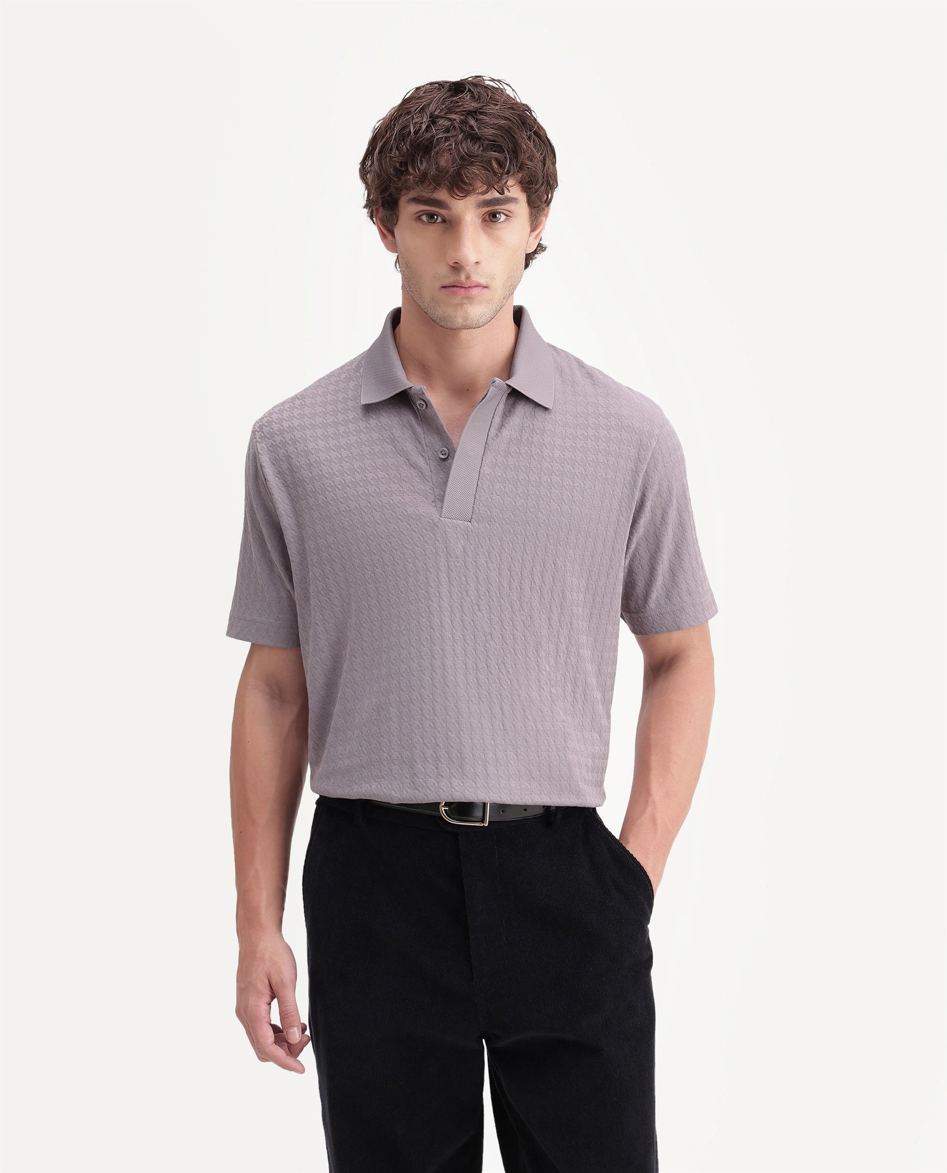 Rare Rabbit Men's Hrid Dusky Purple Cotton Blend Spread Collar Regular Jacquard Polo