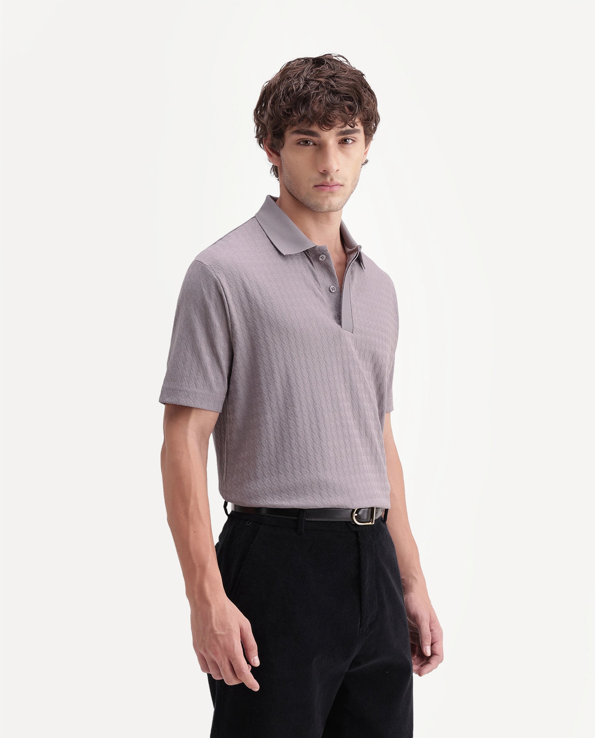Rare Rabbit Men's Hrid Dusky Purple Cotton Blend Spread Collar Regular Jacquard Polo