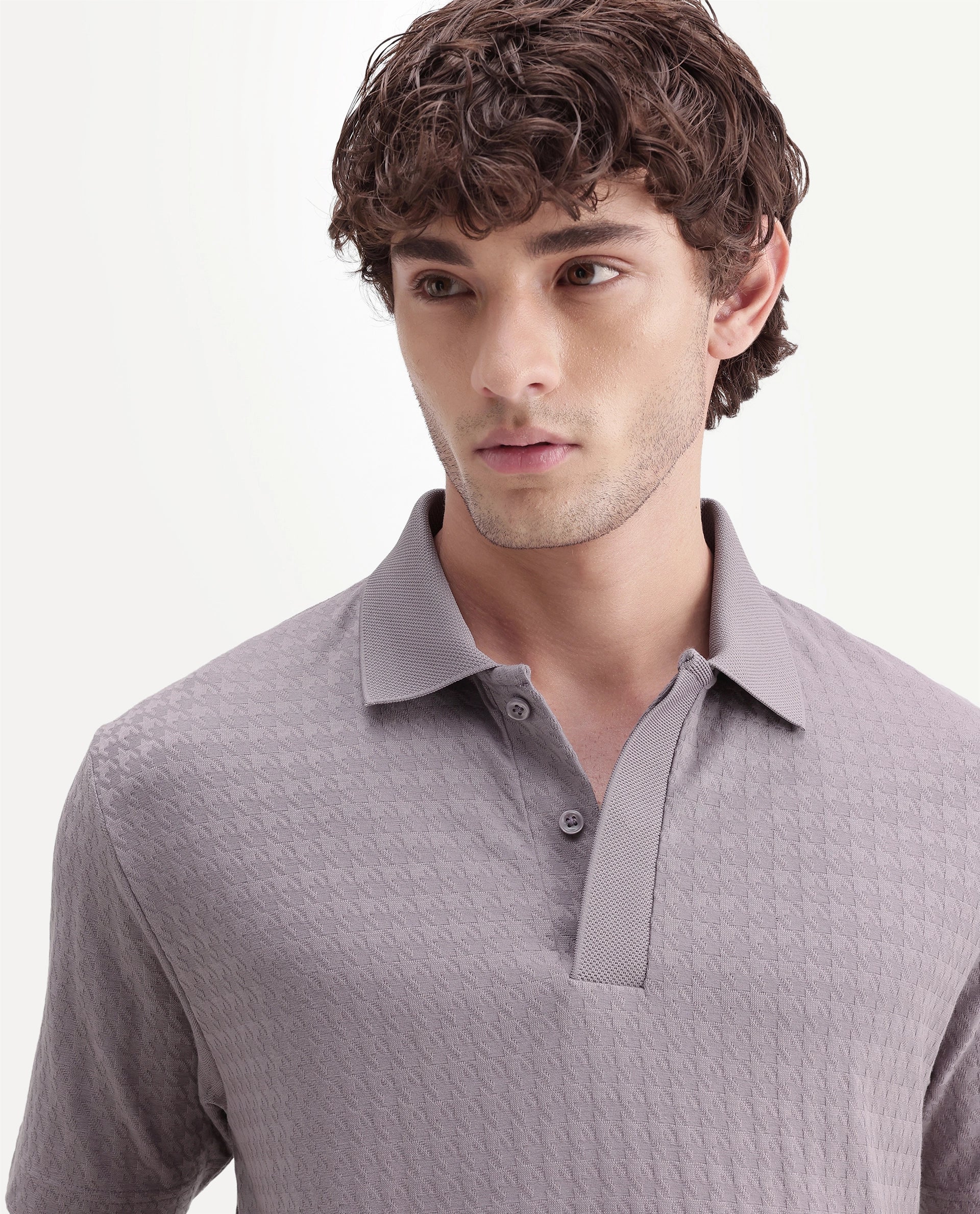 Rare Rabbit Men's Hrid Dusky Purple Cotton Blend Spread Collar Regular Jacquard Polo