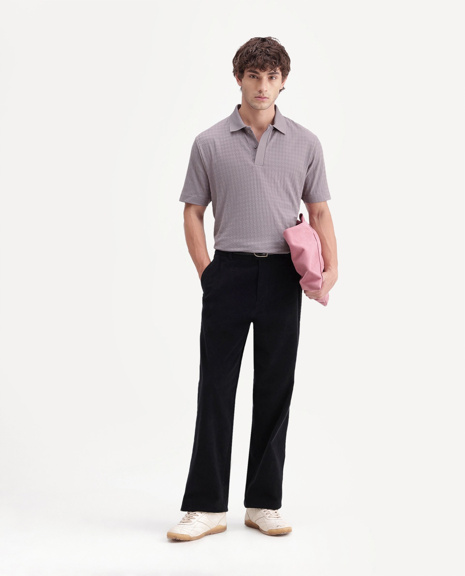 Rare Rabbit Men's Hrid Dusky Purple Cotton Blend Spread Collar Regular Jacquard Polo