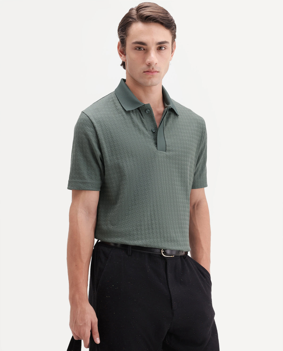 Rare Rabbit Men's Hrid Dusky Green Cotton Blend Spread Collar Regular Jacquard Polo