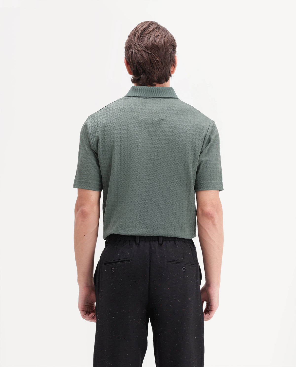 Rare Rabbit Men's Hrid Dusky Green Cotton Blend Spread Collar Regular Jacquard Polo