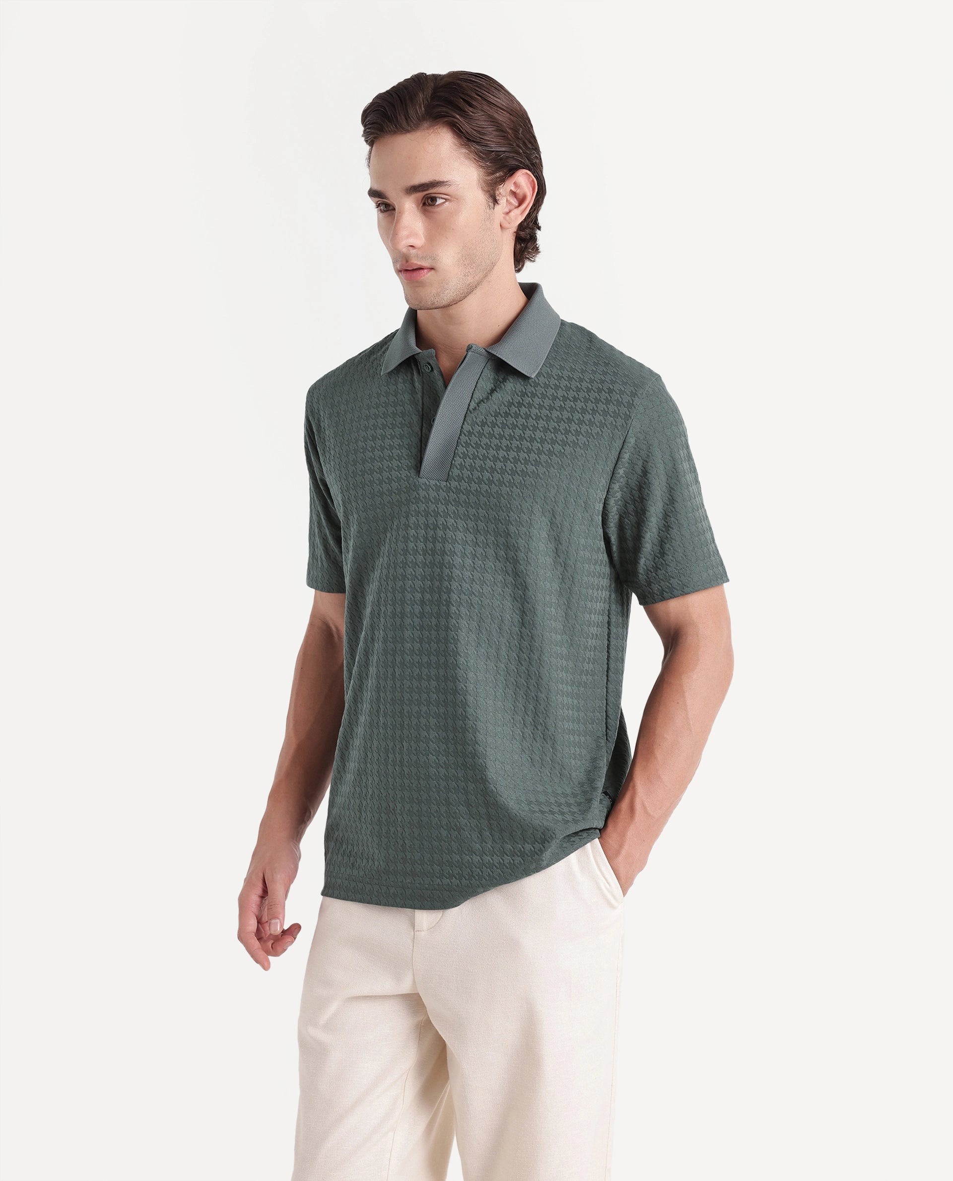 Rare Rabbit Men's Hrid Dusky Green Cotton Blend Spread Collar Regular Jacquard Polo