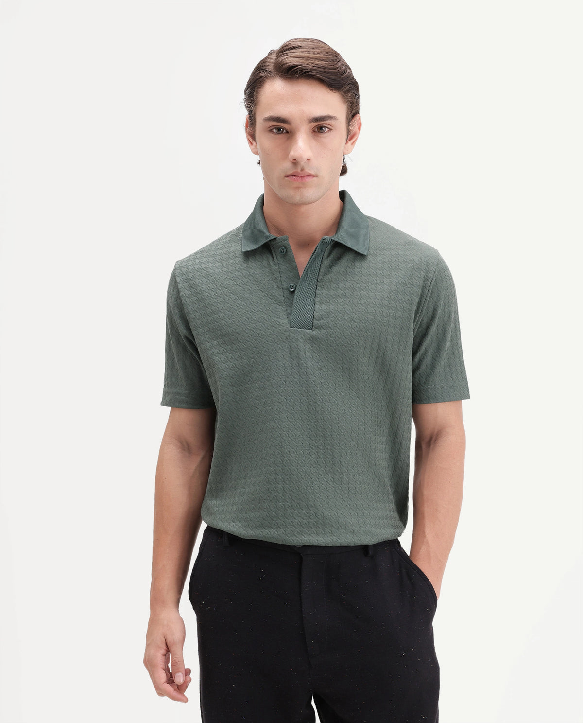 Rare Rabbit Men's Hrid Dusky Green Cotton Blend Spread Collar Regular Jacquard Polo