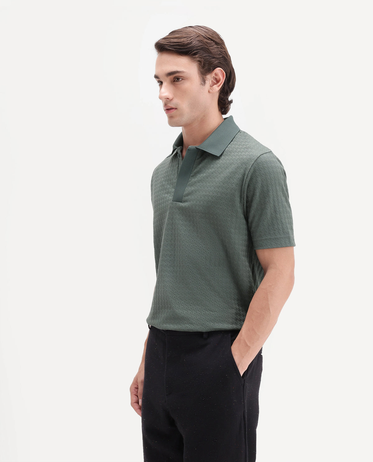Rare Rabbit Men's Hrid Dusky Green Cotton Blend Spread Collar Regular Jacquard Polo