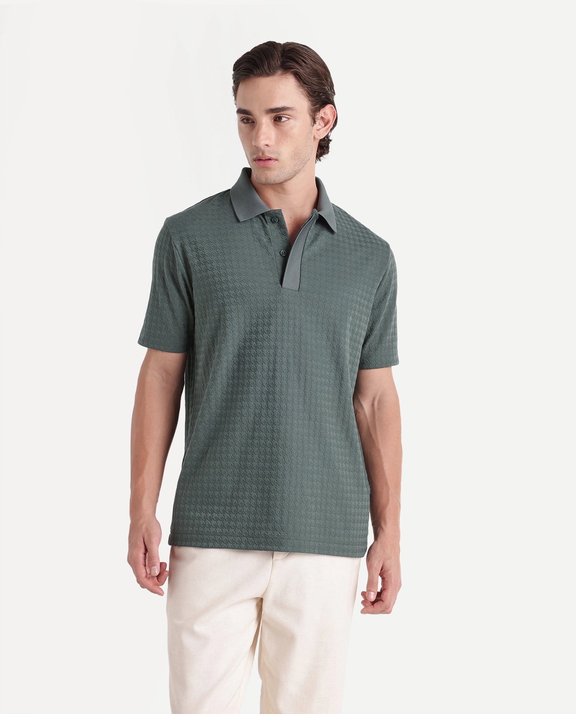 Rare Rabbit Men's Hrid Dusky Green Cotton Blend Spread Collar Regular Jacquard Polo