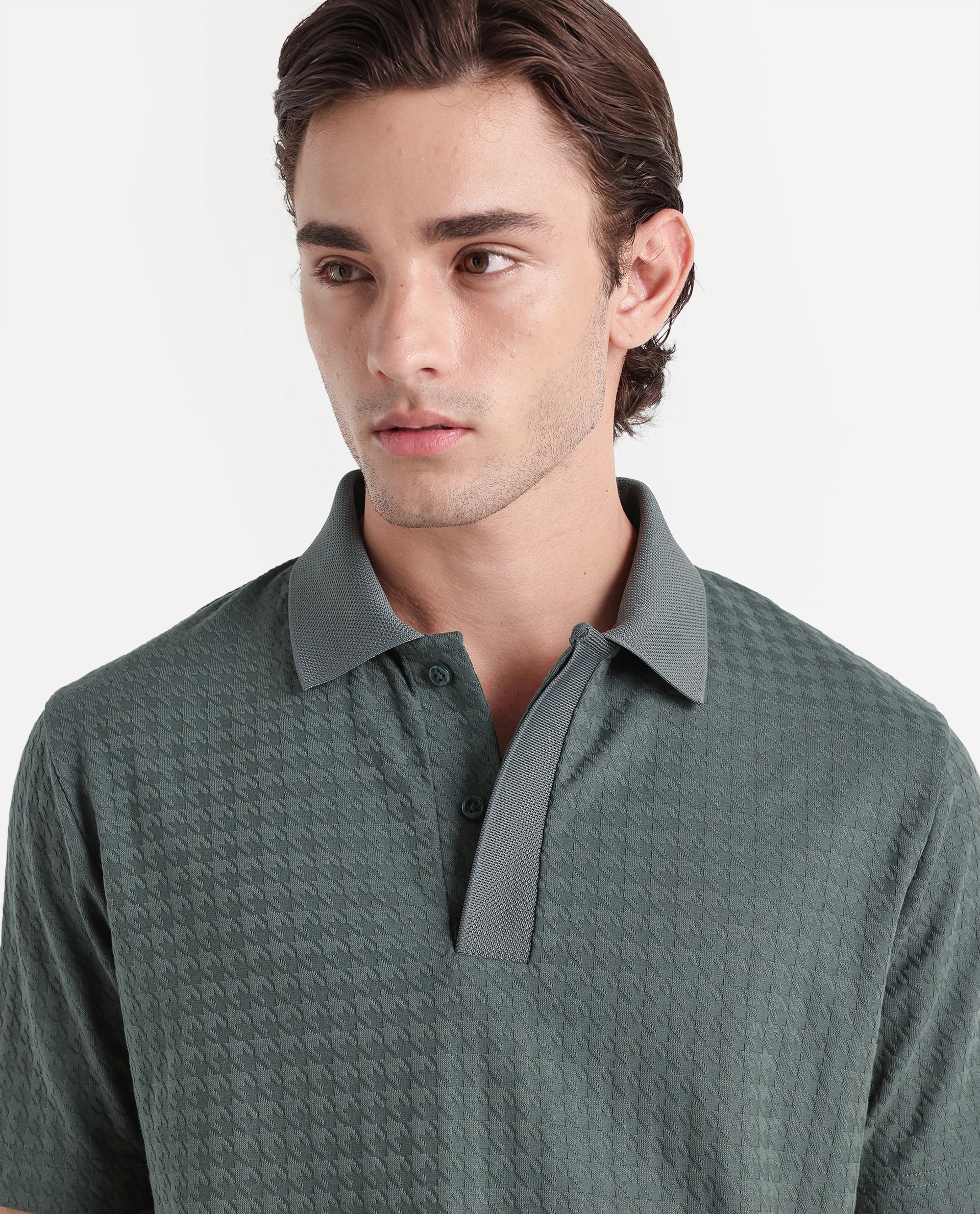 Rare Rabbit Men's Hrid Dusky Green Cotton Blend Spread Collar Regular Jacquard Polo