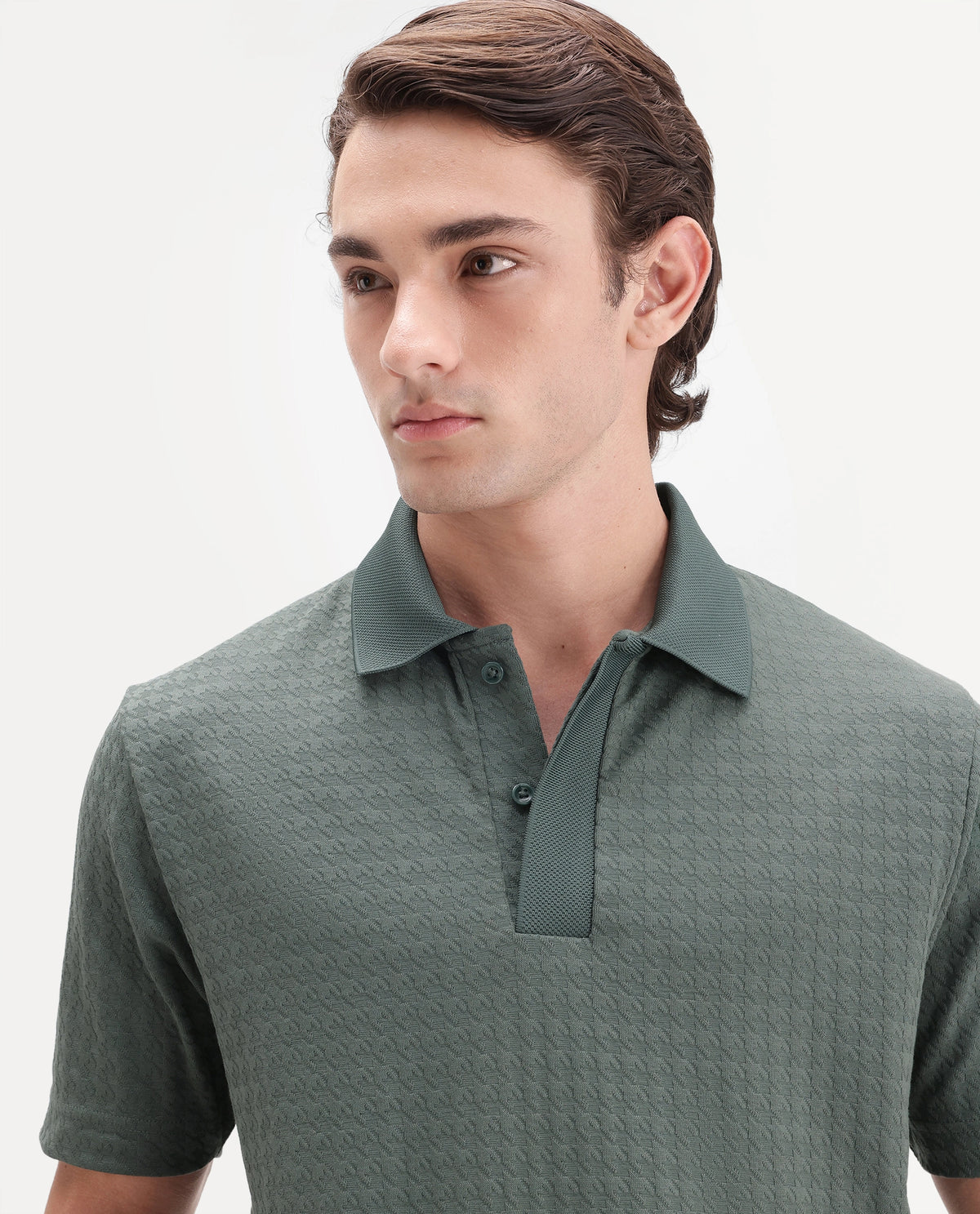 Rare Rabbit Men's Hrid Dusky Green Cotton Blend Spread Collar Regular Jacquard Polo