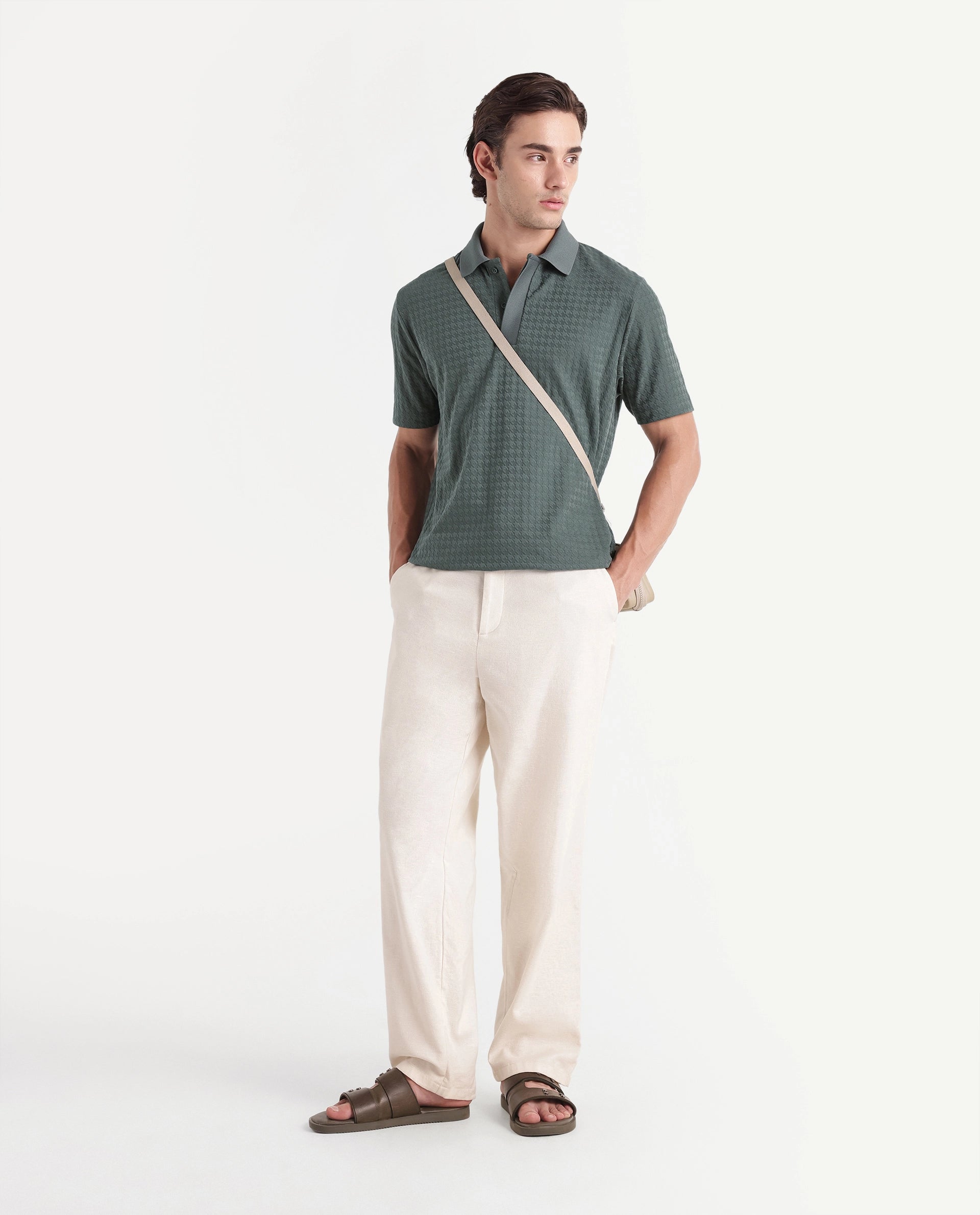 Rare Rabbit Men's Hrid Dusky Green Cotton Blend Spread Collar Regular Jacquard Polo