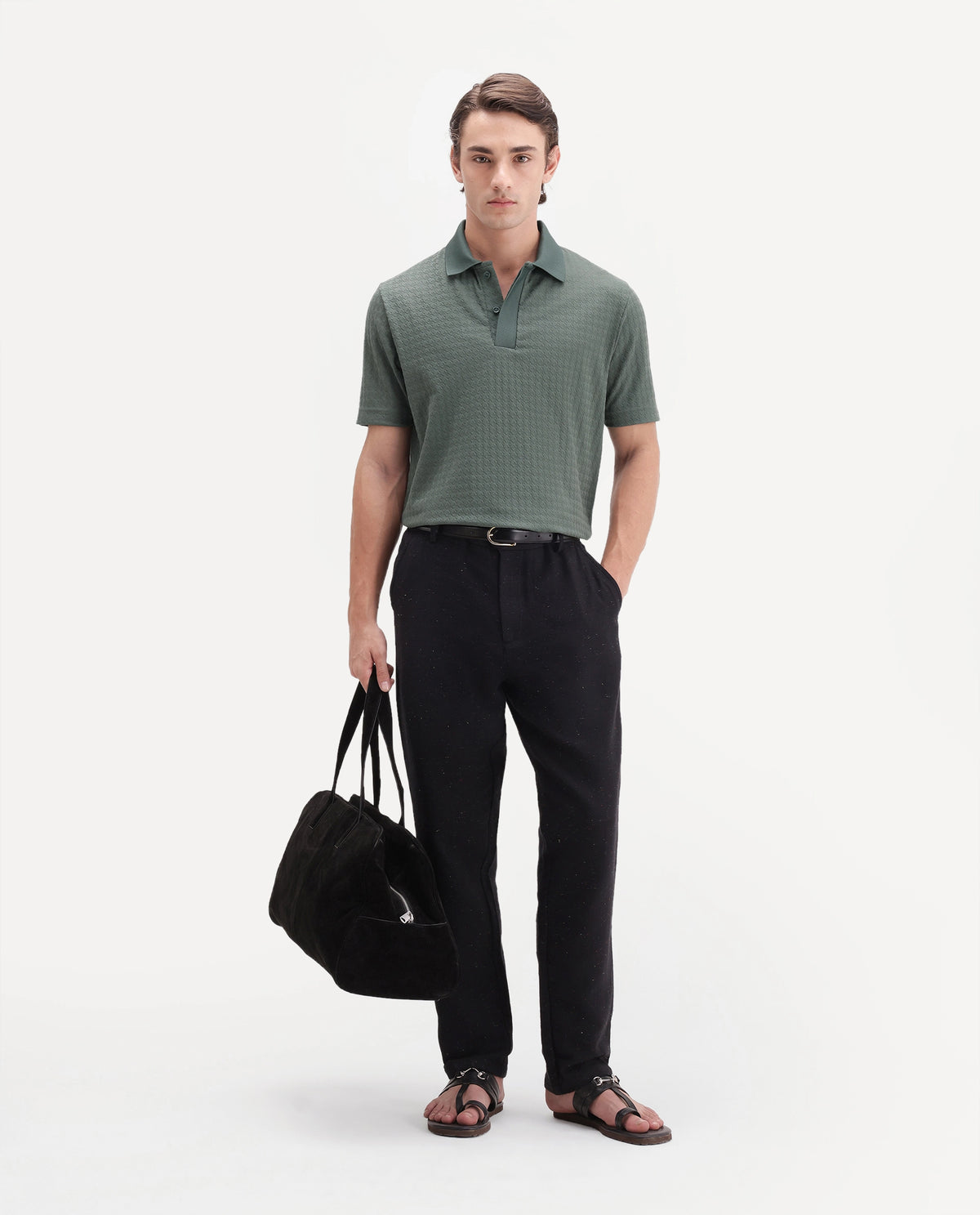 Rare Rabbit Men's Hrid Dusky Green Cotton Blend Spread Collar Regular Jacquard Polo