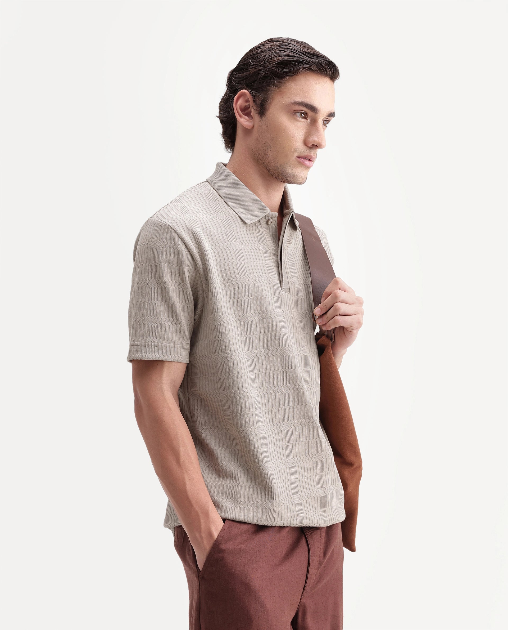 Rare Rabbit Men's Jacks Beige Cotton Blend Spread Collar Regular Jacquard Polo