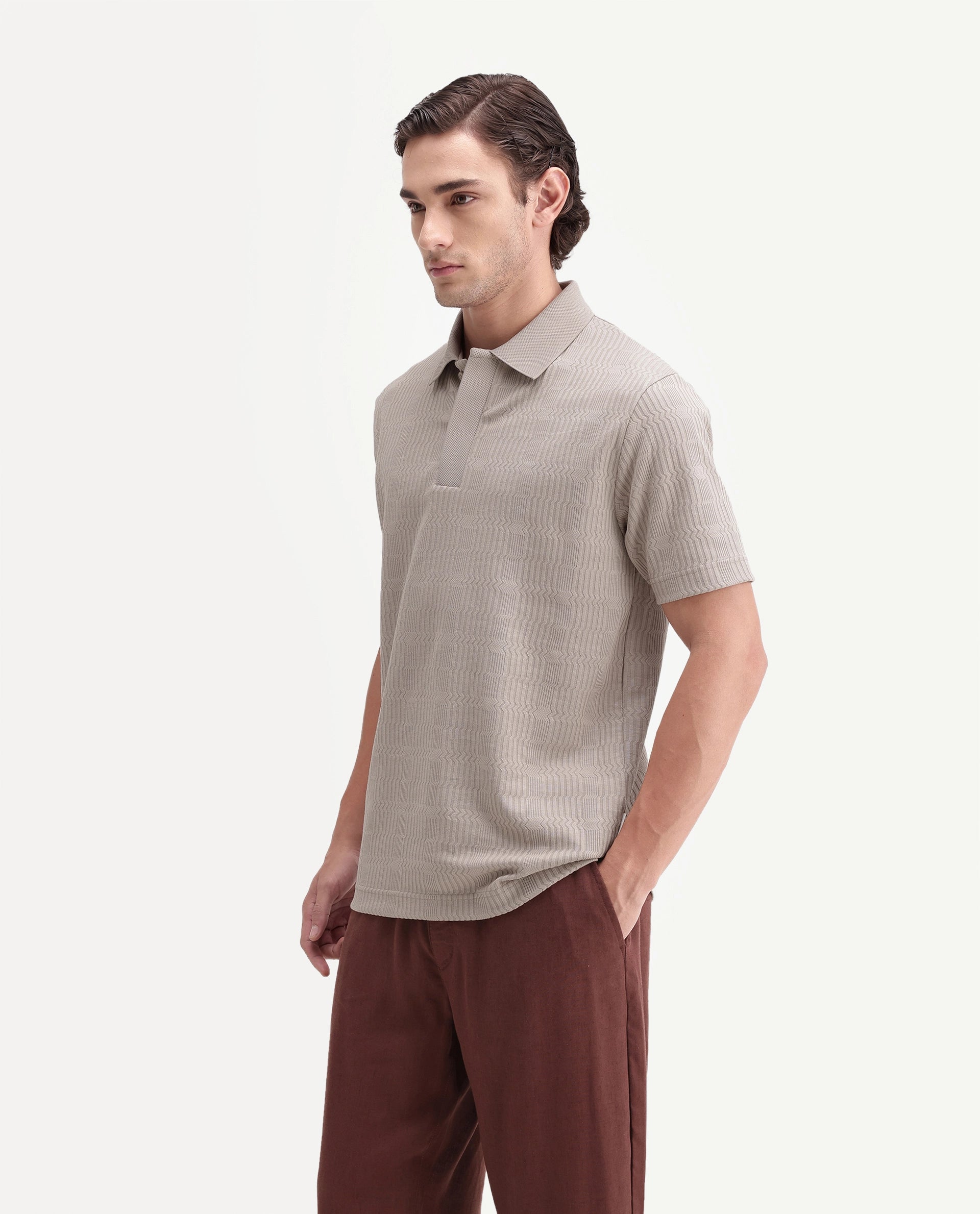 Rare Rabbit Men's Jacks Beige Cotton Blend Spread Collar Regular Jacquard Polo