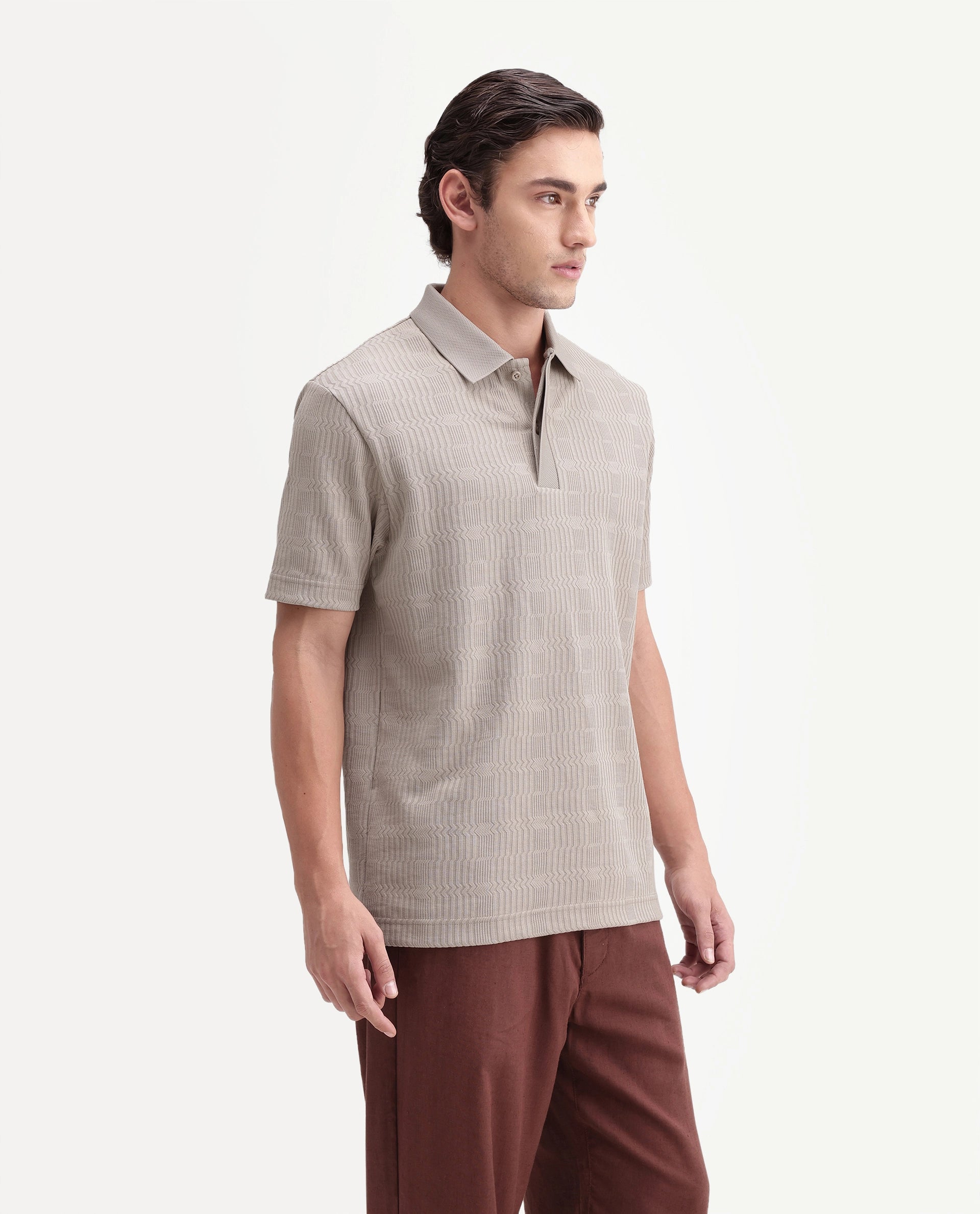 Rare Rabbit Men's Jacks Beige Cotton Blend Spread Collar Regular Jacquard Polo