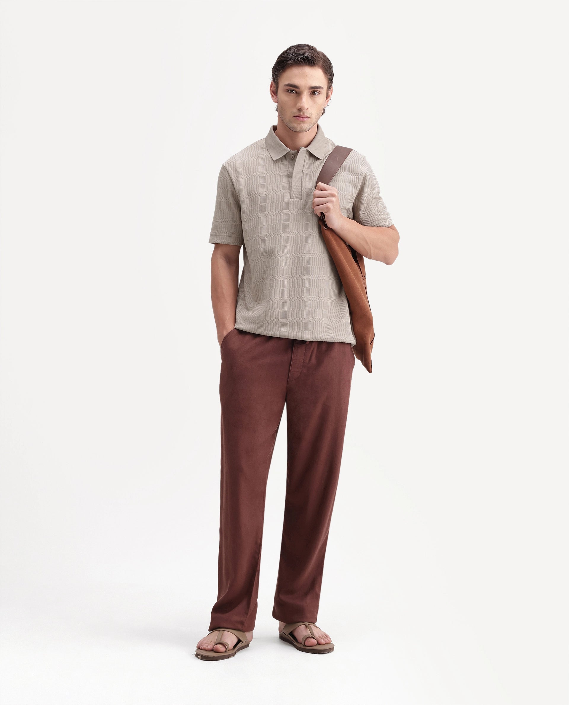 Rare Rabbit Men's Jacks Beige Cotton Blend Spread Collar Regular Jacquard Polo