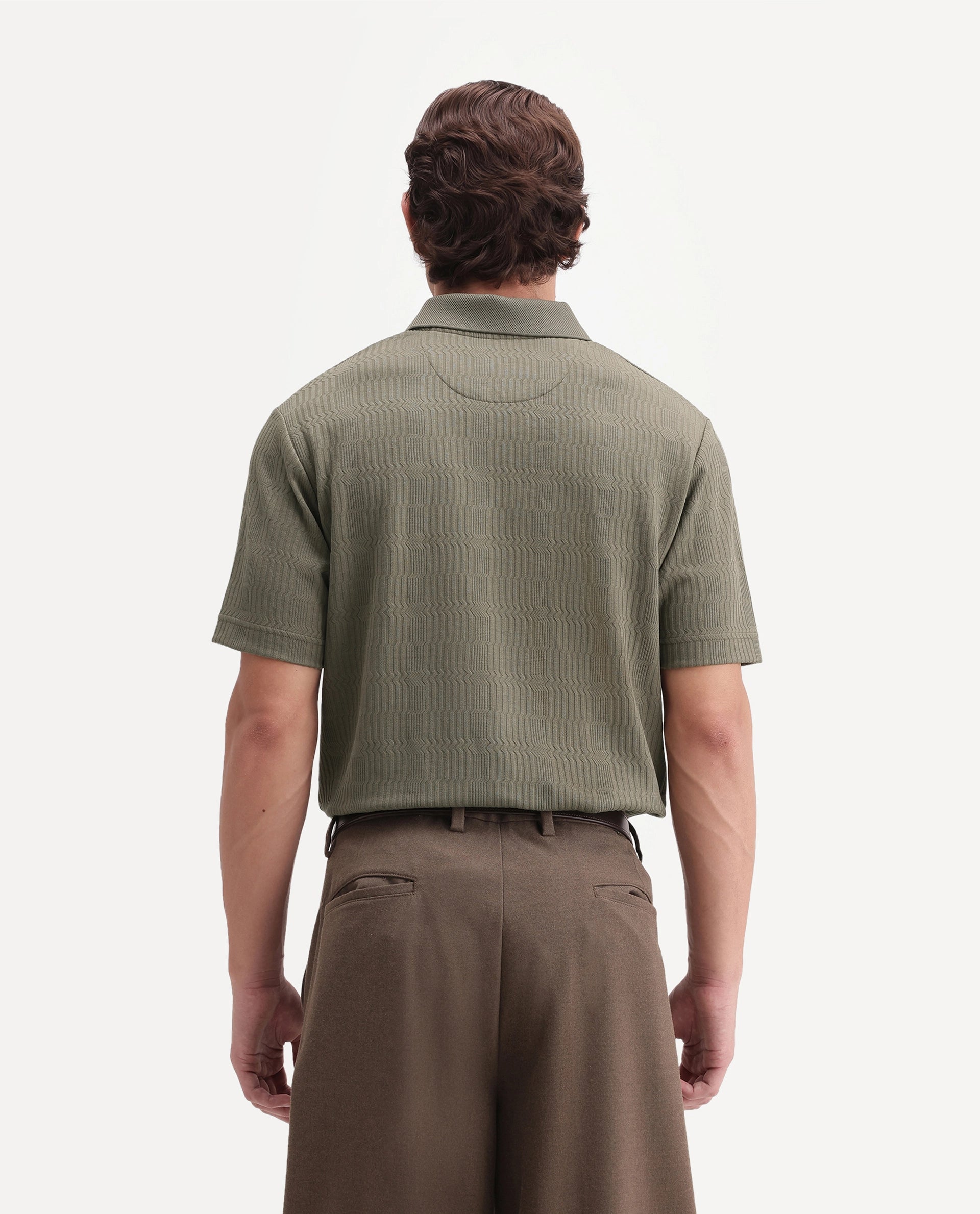 Rare Rabbit Men's Jacks Olive Cotton Blend Spread Collar Regular Jacquard Polo
