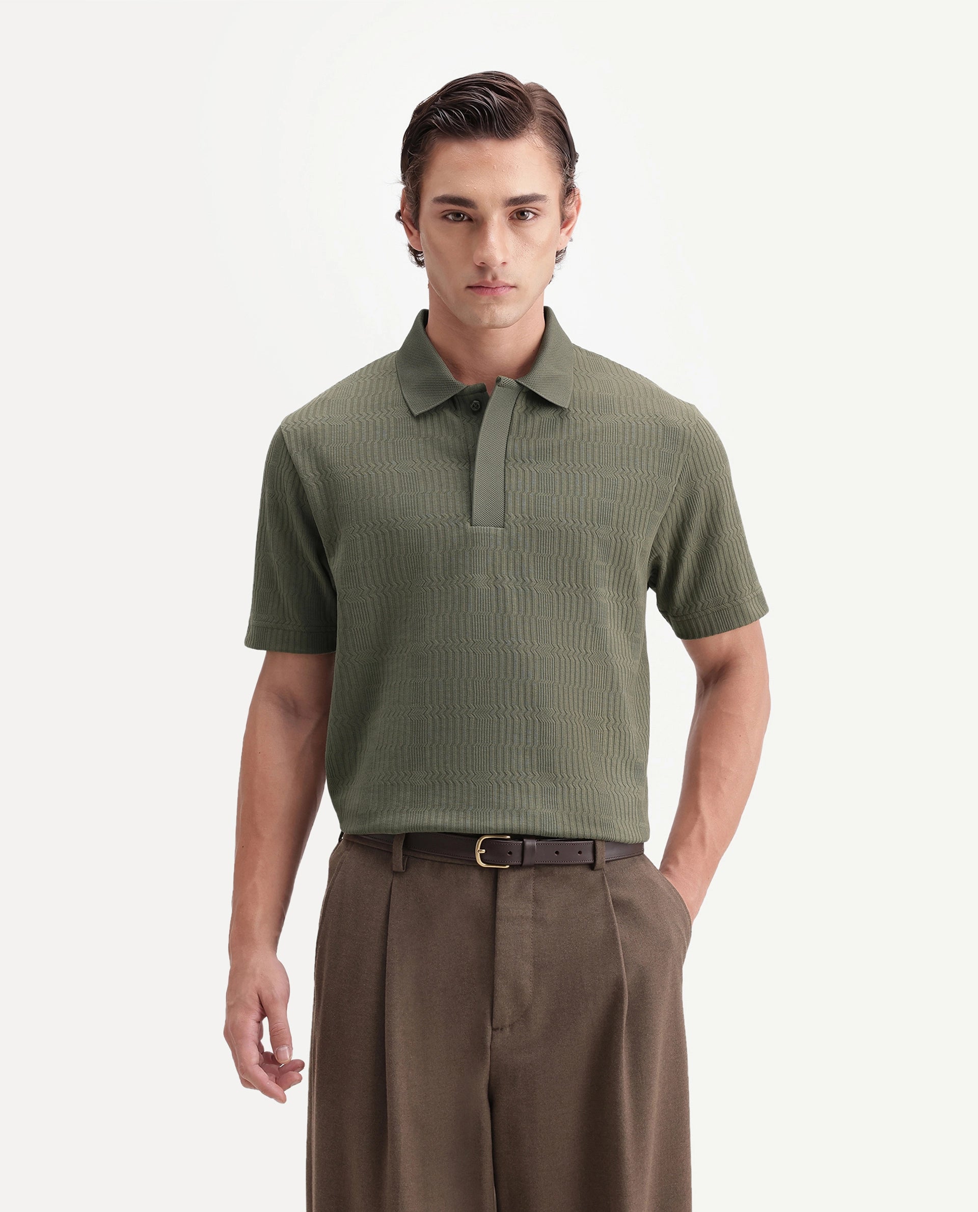 Rare Rabbit Men's Jacks Olive Cotton Blend Spread Collar Regular Jacquard Polo