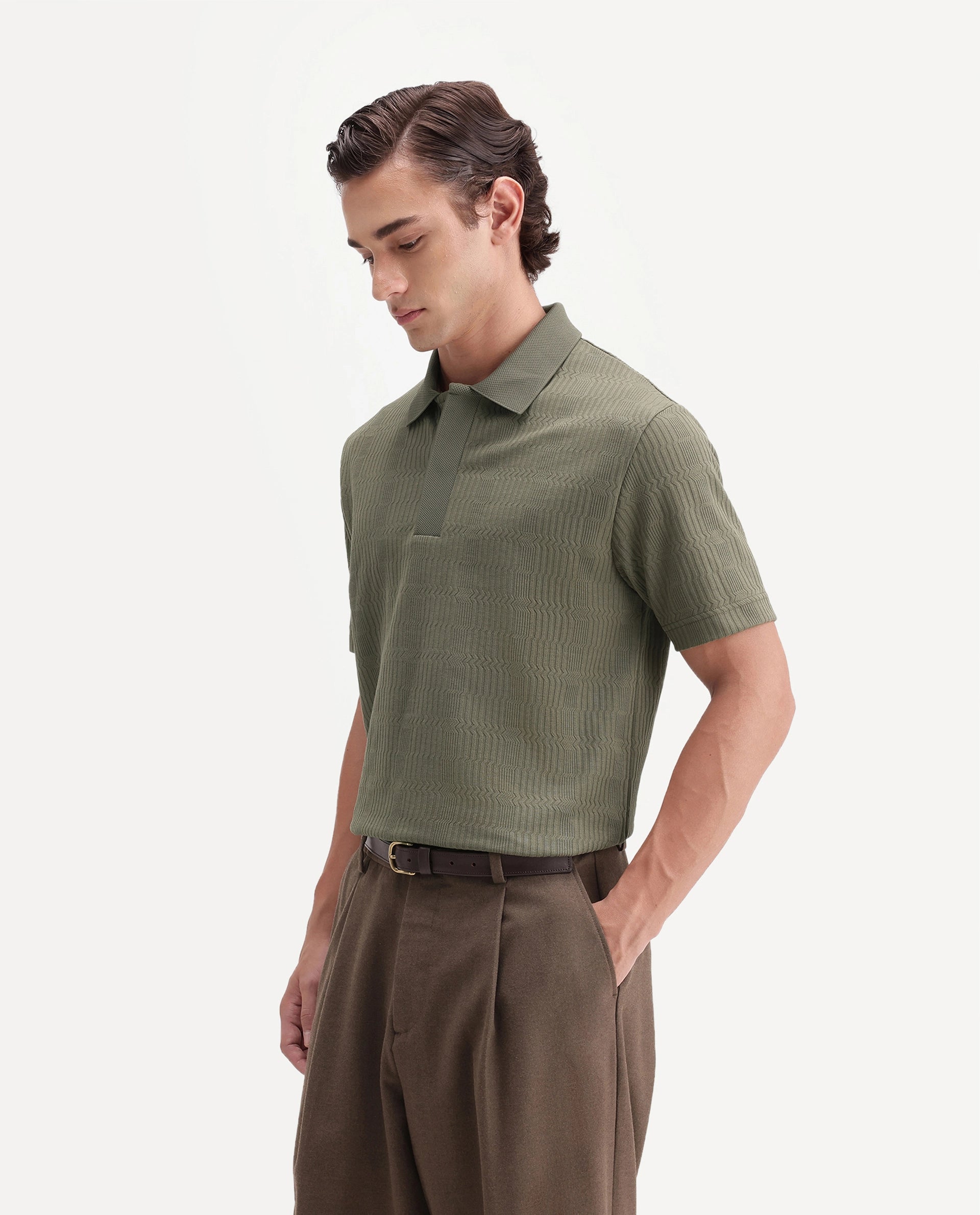 Rare Rabbit Men's Jacks Olive Cotton Blend Spread Collar Regular Jacquard Polo