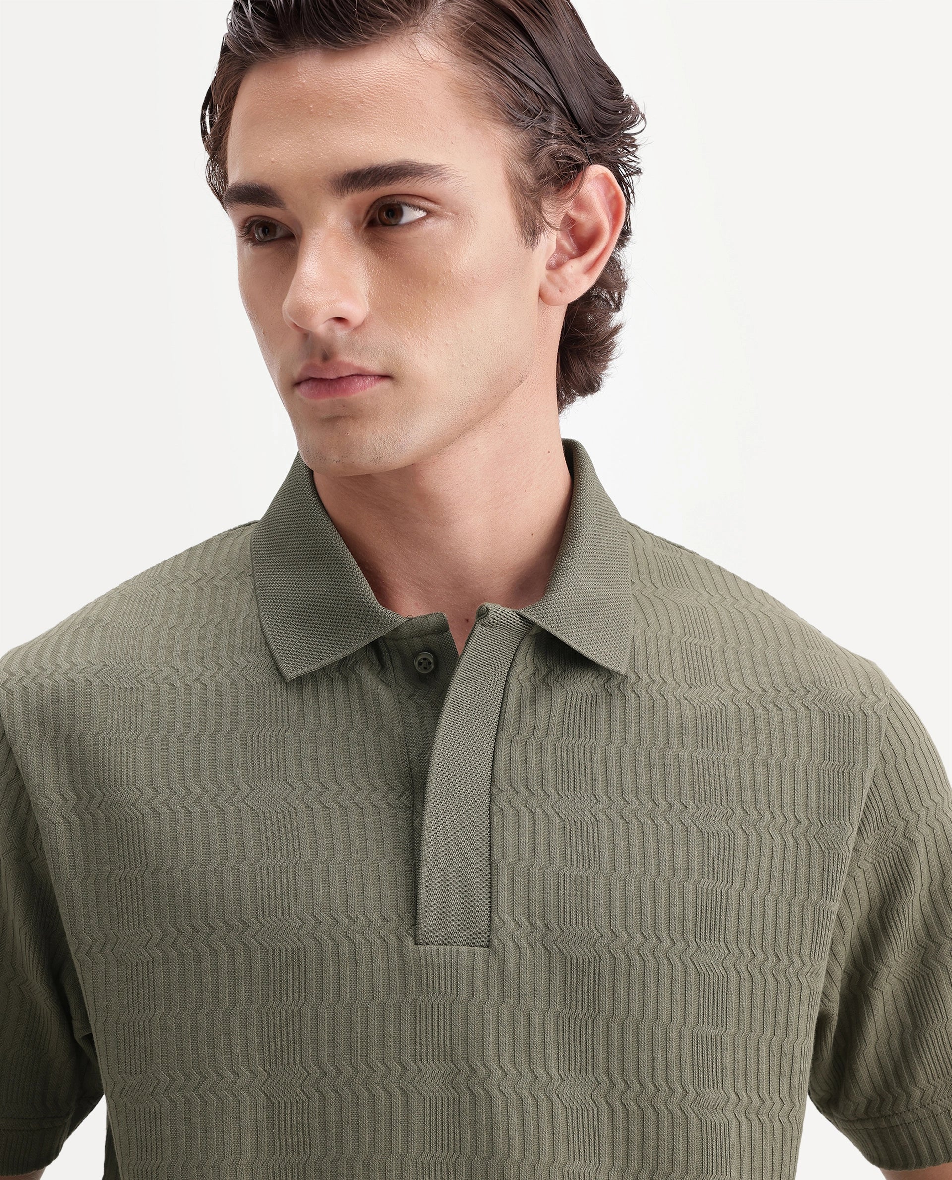 Rare Rabbit Men's Jacks Olive Cotton Blend Spread Collar Regular Jacquard Polo
