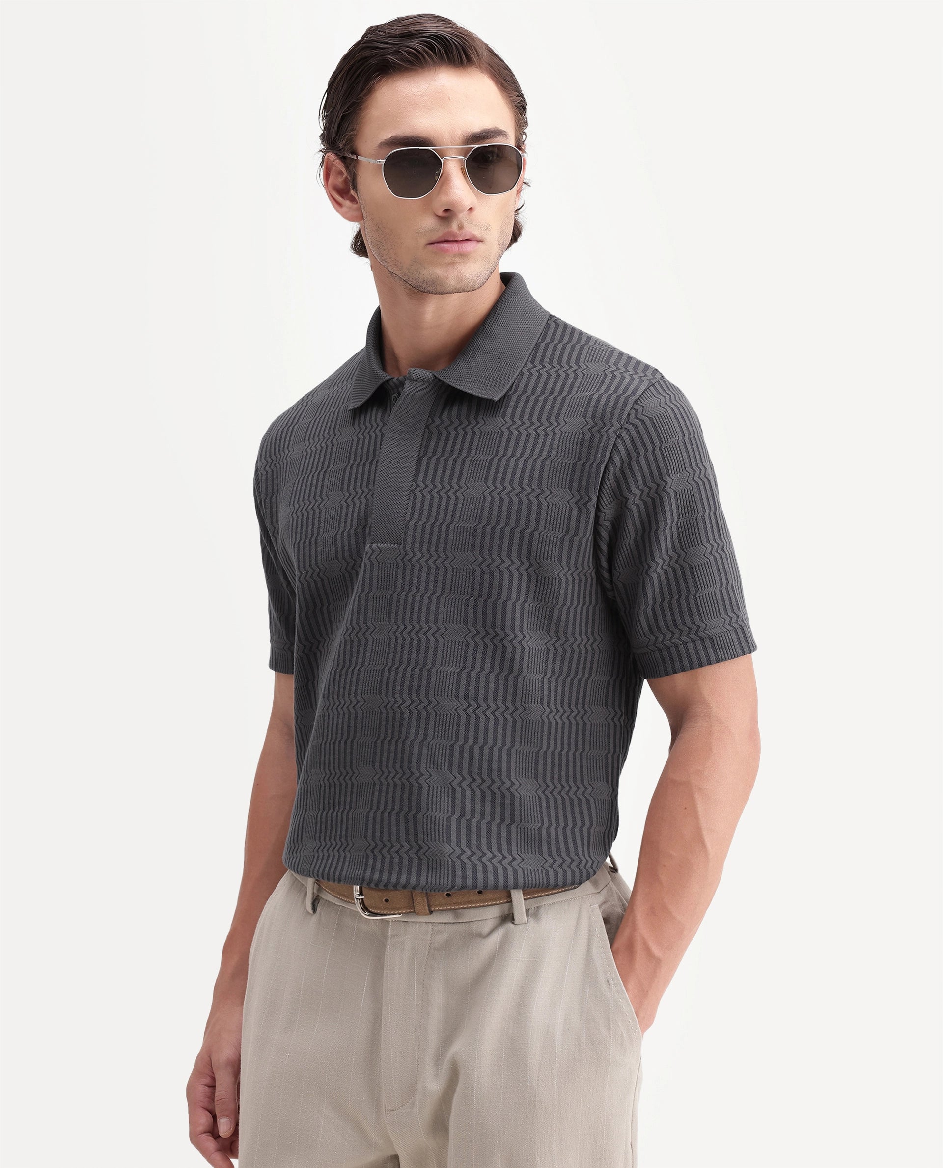 Rare Rabbit Men's Jacks Dusky Grey Cotton Blend Spread Collar Regular Jacquard Polo
