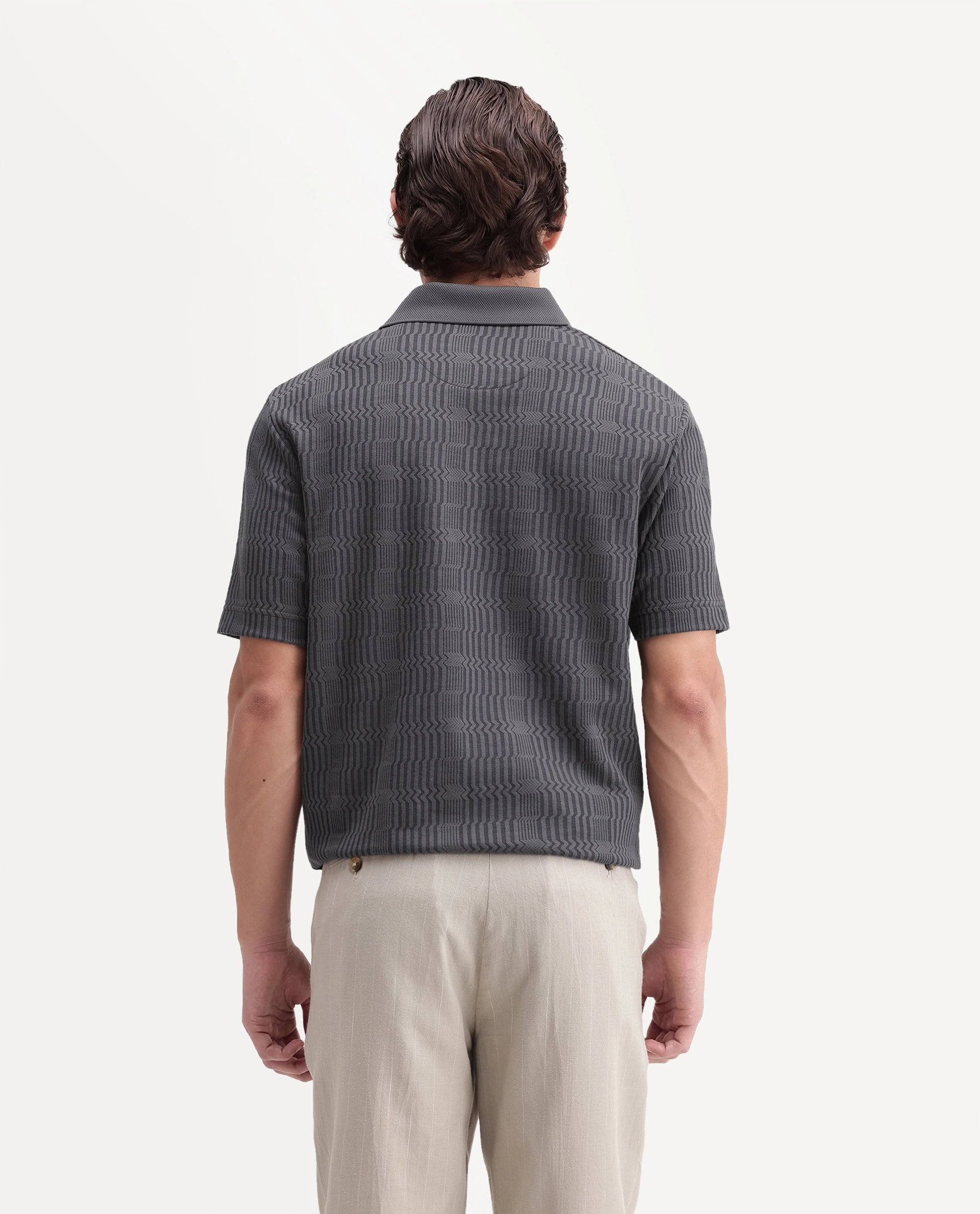 Rare Rabbit Men's Jacks Dusky Grey Cotton Blend Spread Collar Regular Jacquard Polo