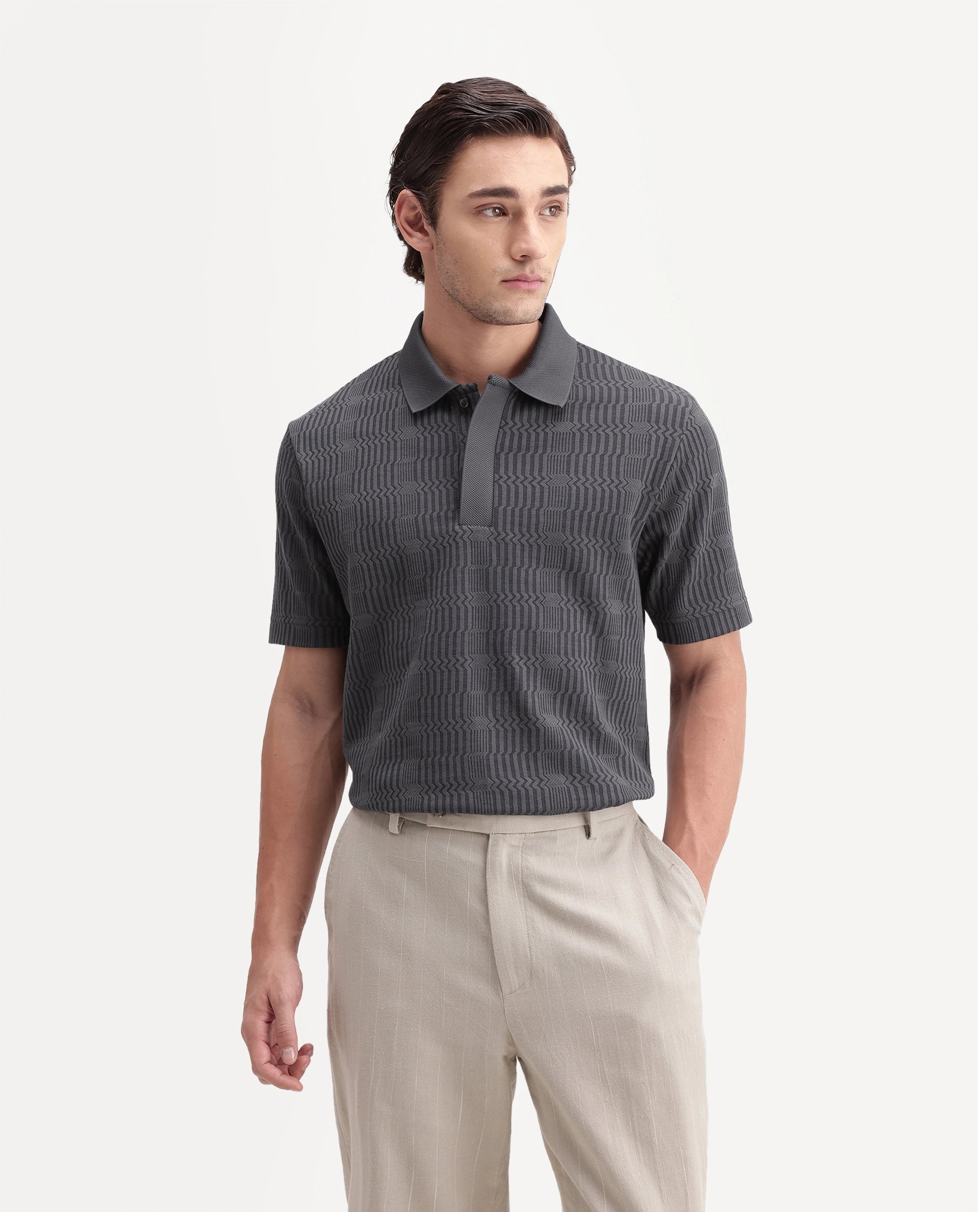 Rare Rabbit Men's Jacks Dusky Grey Cotton Blend Spread Collar Regular Jacquard Polo