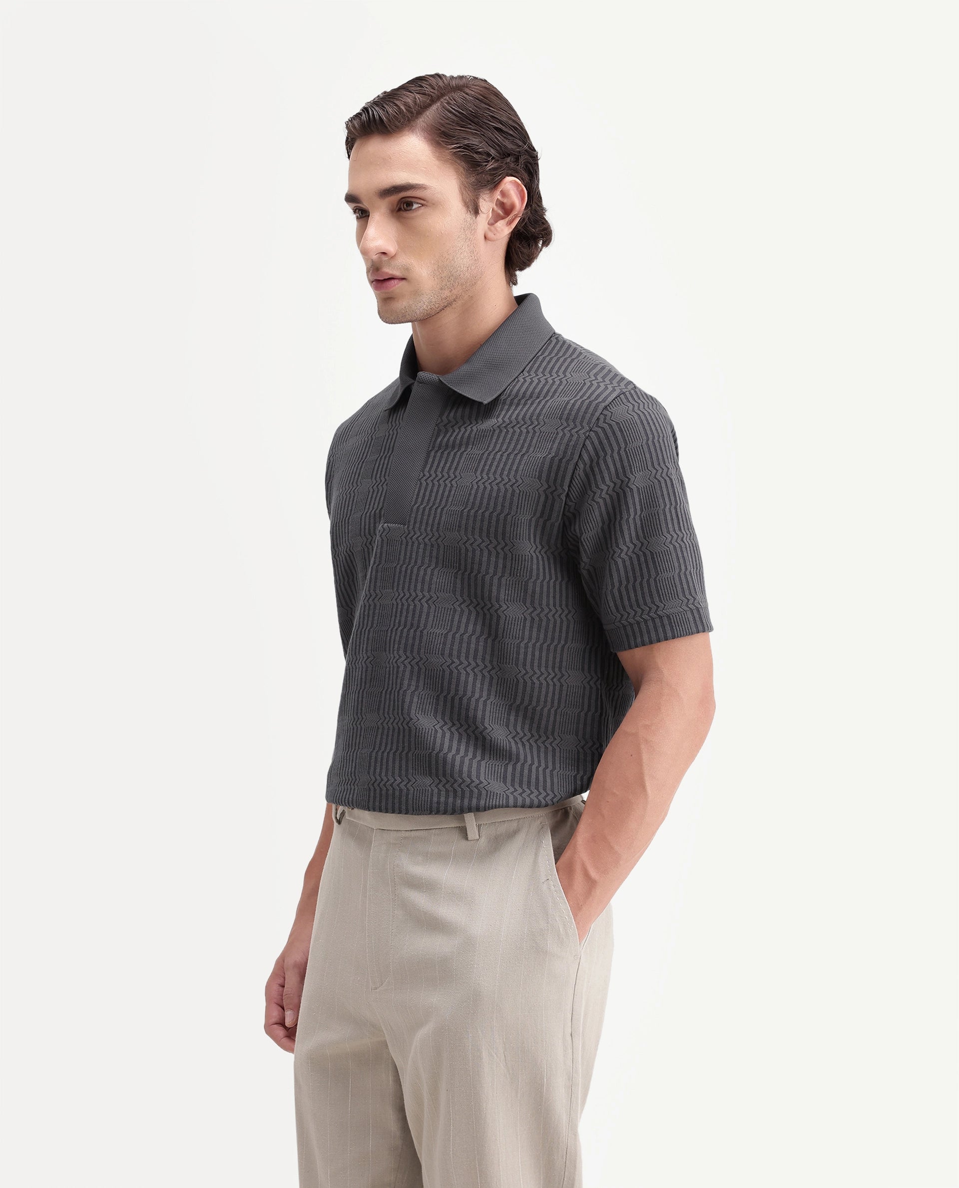 Rare Rabbit Men's Jacks Dusky Grey Cotton Blend Spread Collar Regular Jacquard Polo