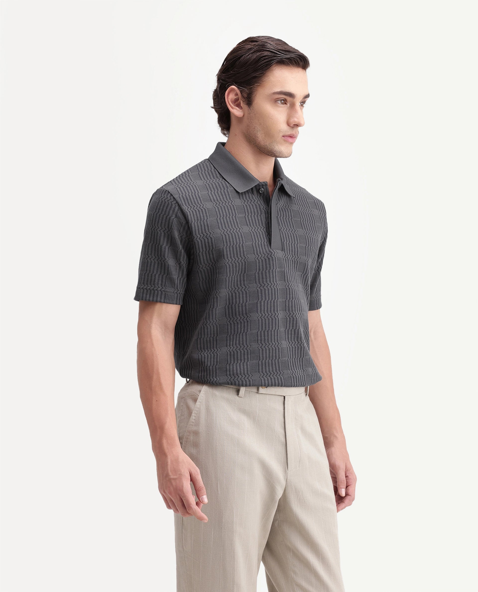 Rare Rabbit Men's Jacks Dusky Grey Cotton Blend Spread Collar Regular Jacquard Polo