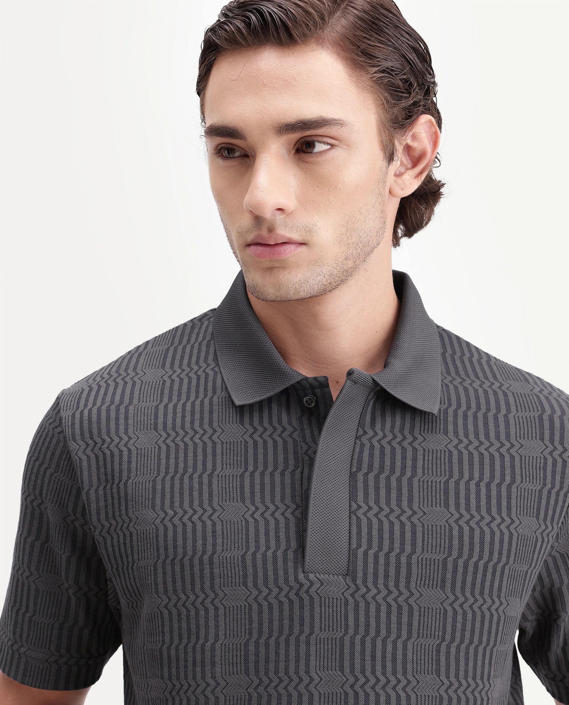 Rare Rabbit Men's Jacks Dusky Grey Cotton Blend Spread Collar Regular Jacquard Polo