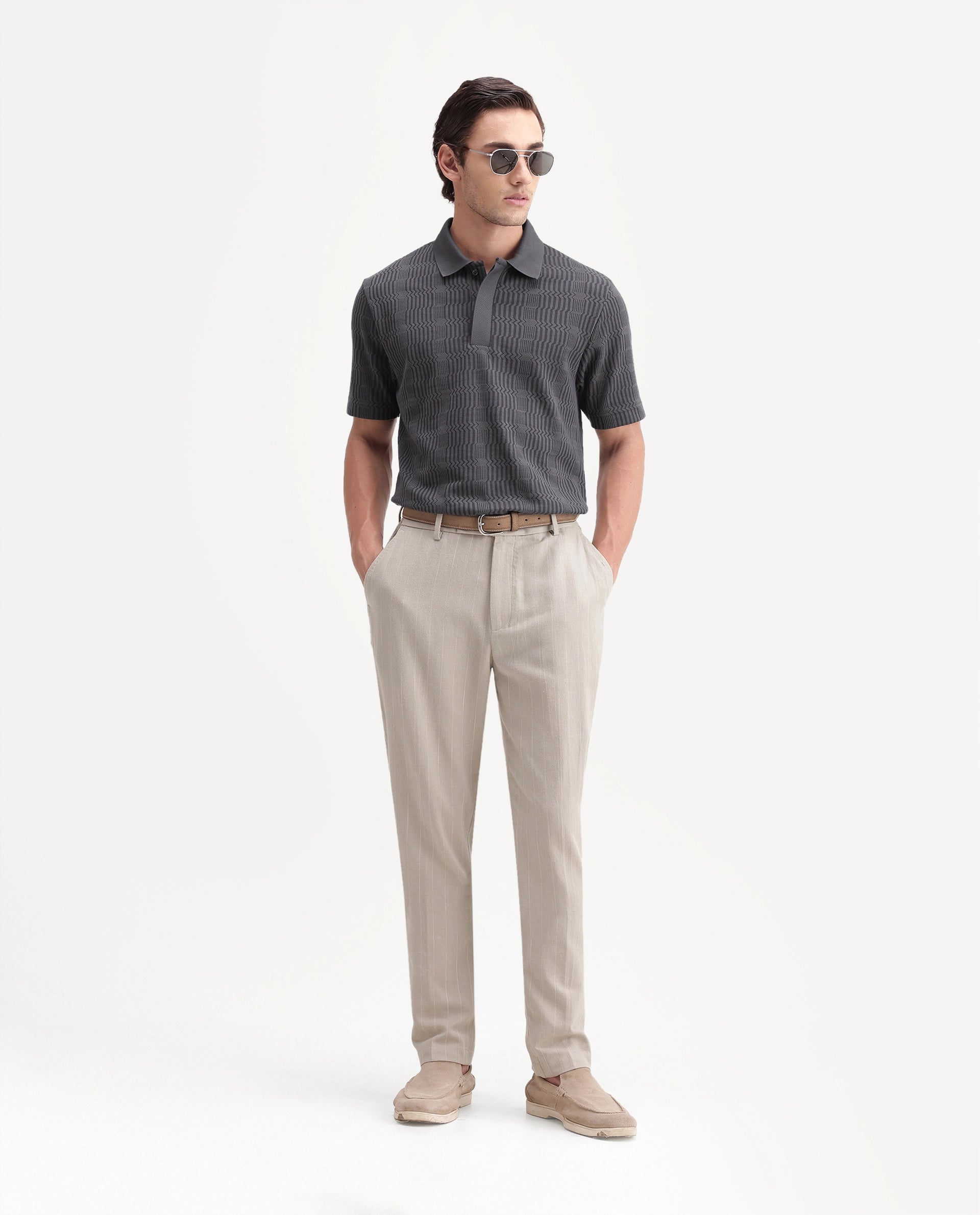 Rare Rabbit Men's Jacks Dusky Grey Cotton Blend Spread Collar Regular Jacquard Polo