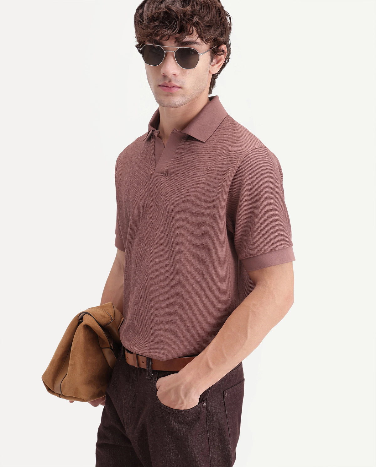 Rare Rabbit Men's Grat Rust Polyester Blend Spread Collar Regular Jacquard Polo