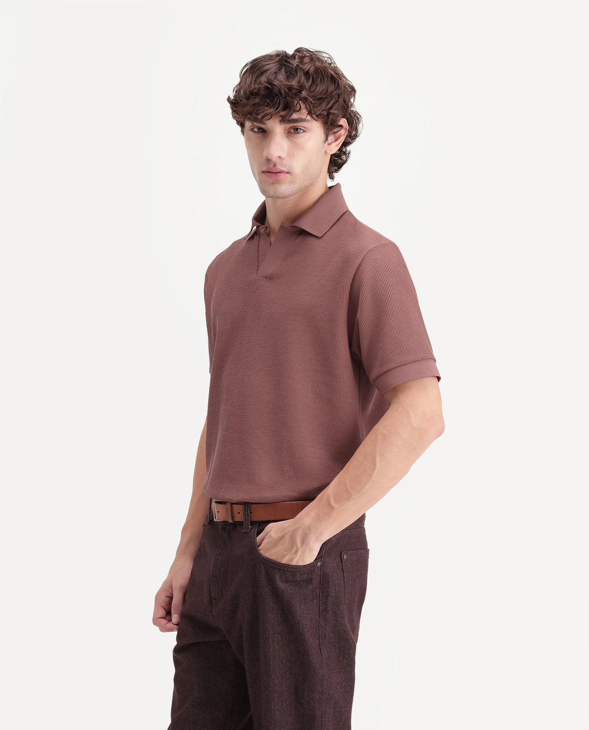 Rare Rabbit Men's Grat Rust Polyester Blend Spread Collar Regular Jacquard Polo