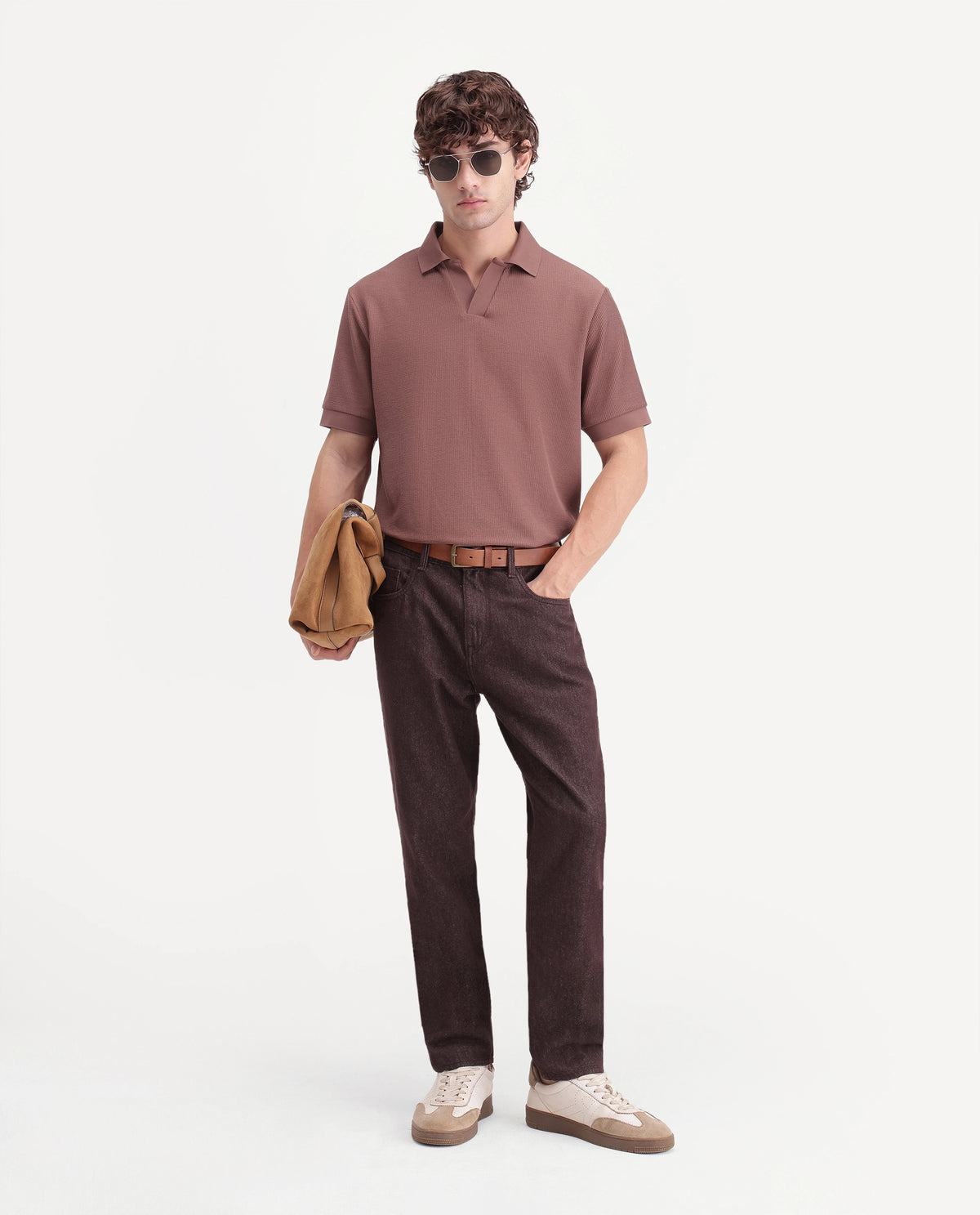 Rare Rabbit Men's Grat Rust Polyester Blend Spread Collar Regular Jacquard Polo