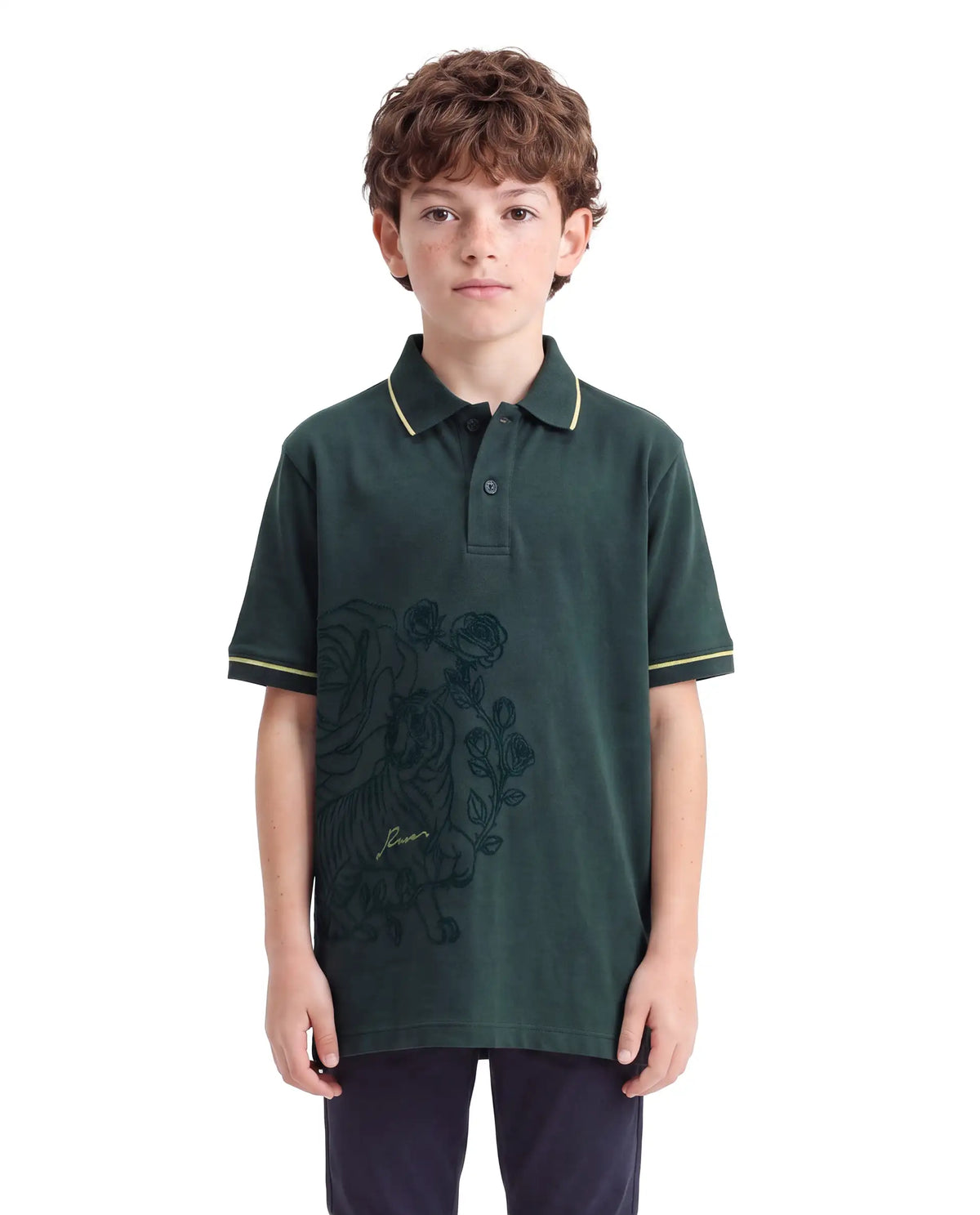 Rare Ones Kids Trax Dark Green Cotton Fabric Button Closure Regular Fit Printed Polo