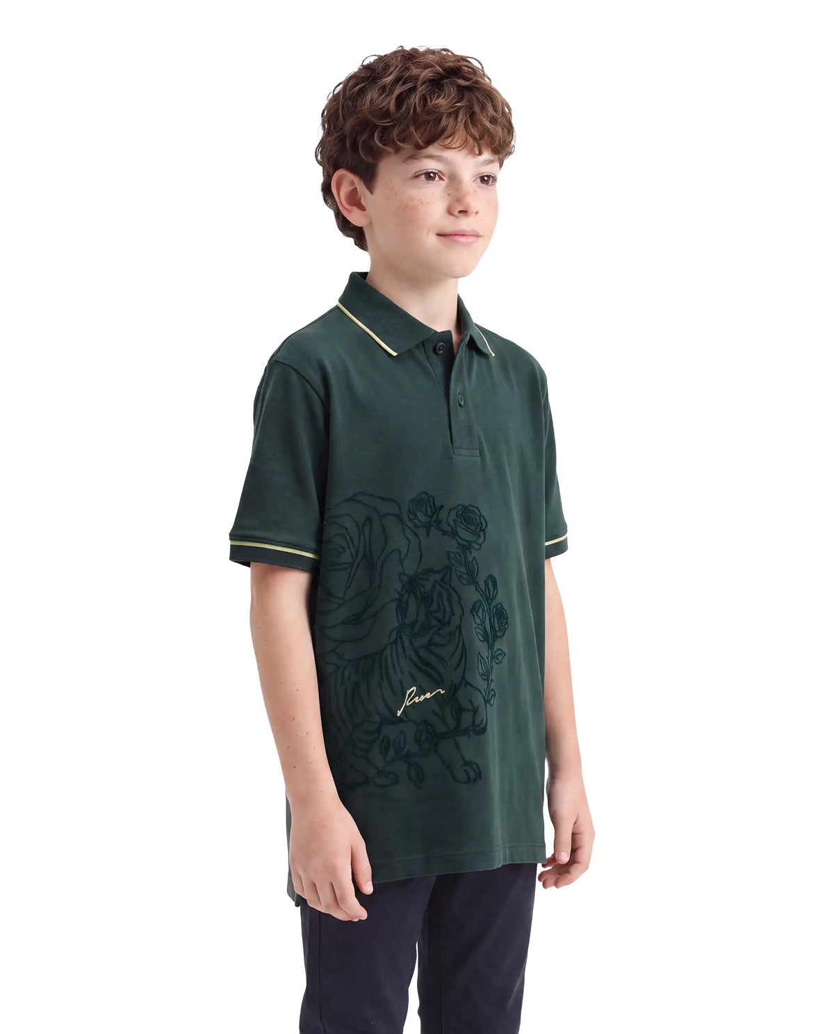 Rare Ones Kids Trax Dark Green Cotton Fabric Button Closure Regular Fit Printed Polo