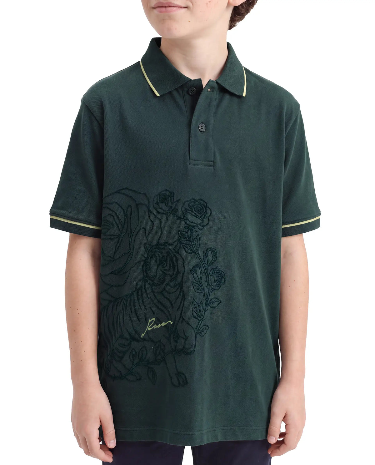 Rare Ones Kids Trax Dark Green Cotton Fabric Button Closure Regular Fit Printed Polo