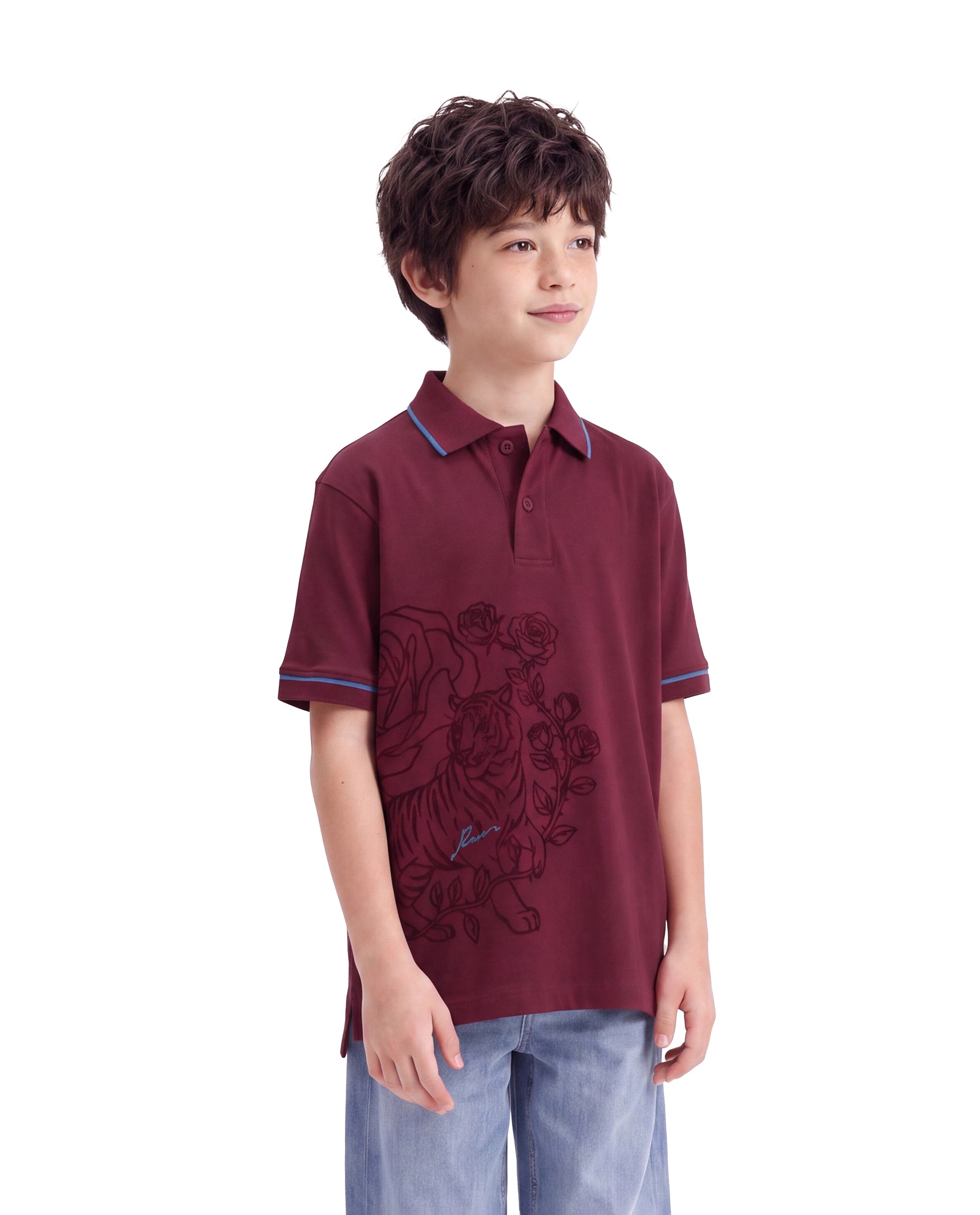 Rare Ones Kids Trax Maroon Cotton Fabric Button Closure Regular Fit Printed Polo