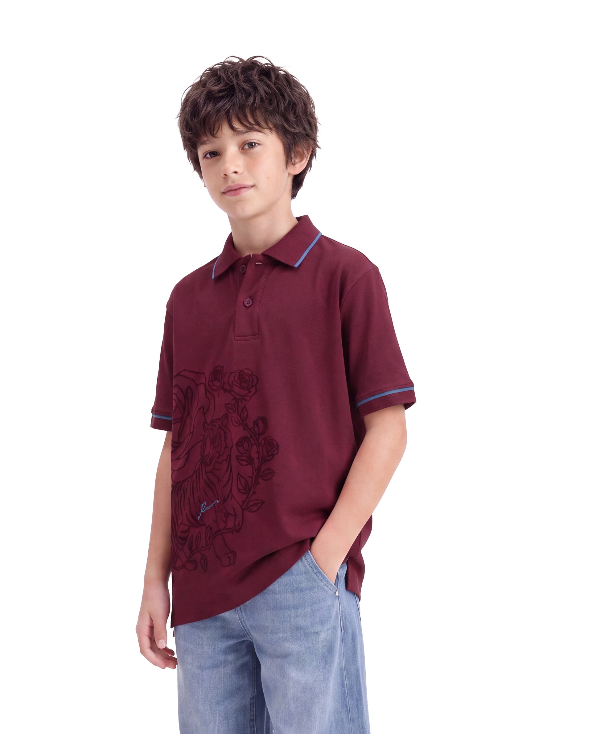 Rare Ones Kids Trax Maroon Cotton Fabric Button Closure Regular Fit Printed Polo