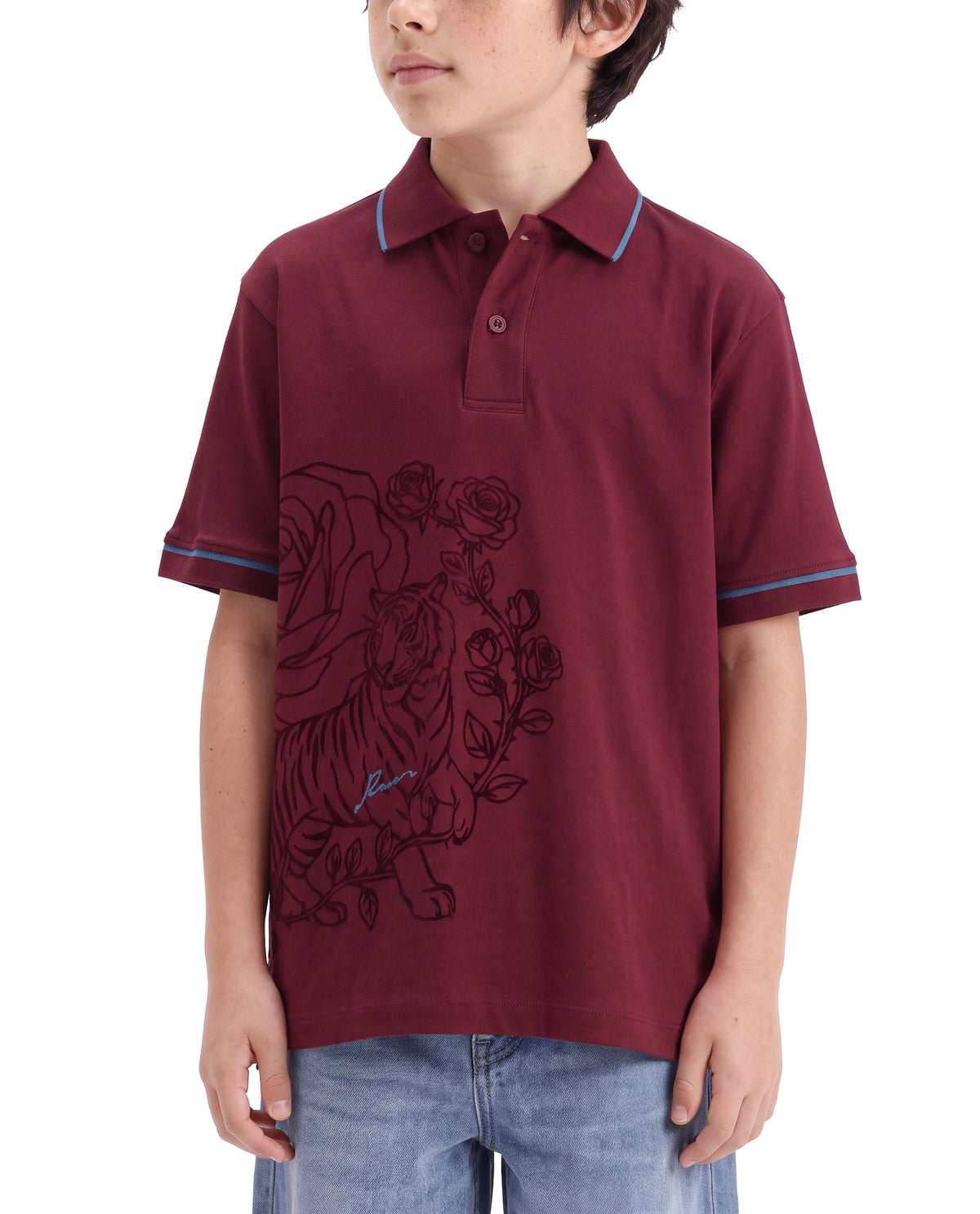 Rare Ones Kids Trax Maroon Cotton Fabric Button Closure Regular Fit Printed Polo