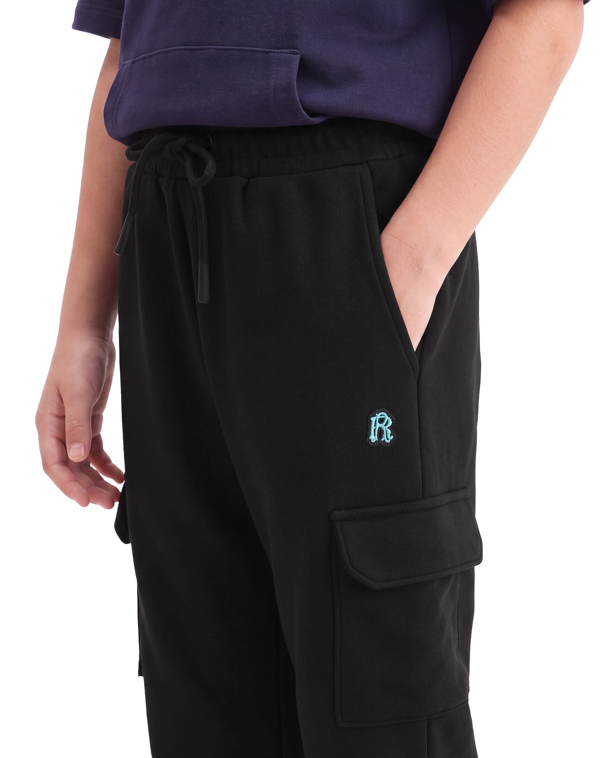 Rare Ones Kids Krio-B Black Cotton Blend Fabric Drawstring Closure Cargo Fit Plain Track Pant