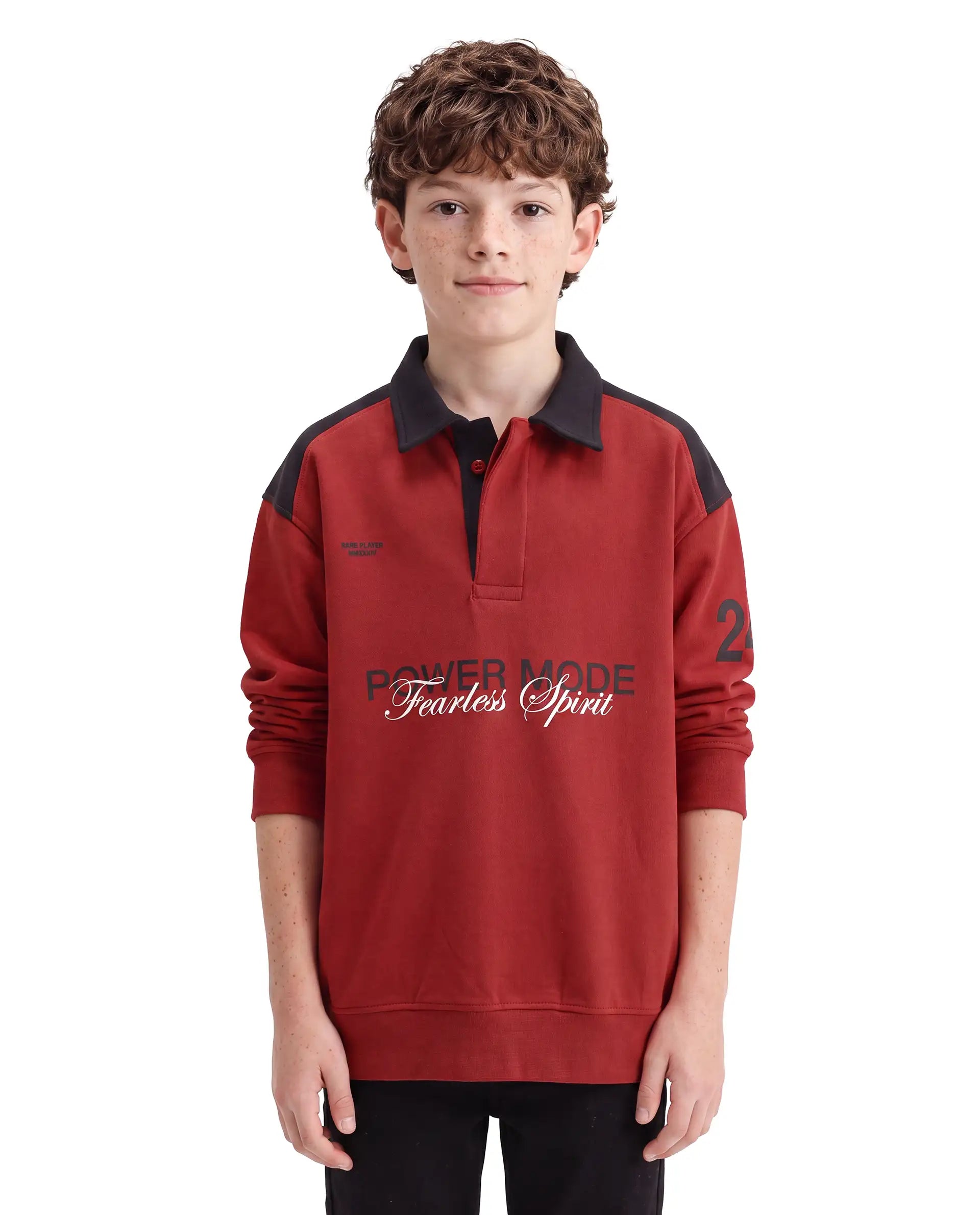 Rare Ones Kids Lars Rust Cotton Blend Fabric Spread Collar Button Closure Oversized Fit Graphic Print Polo