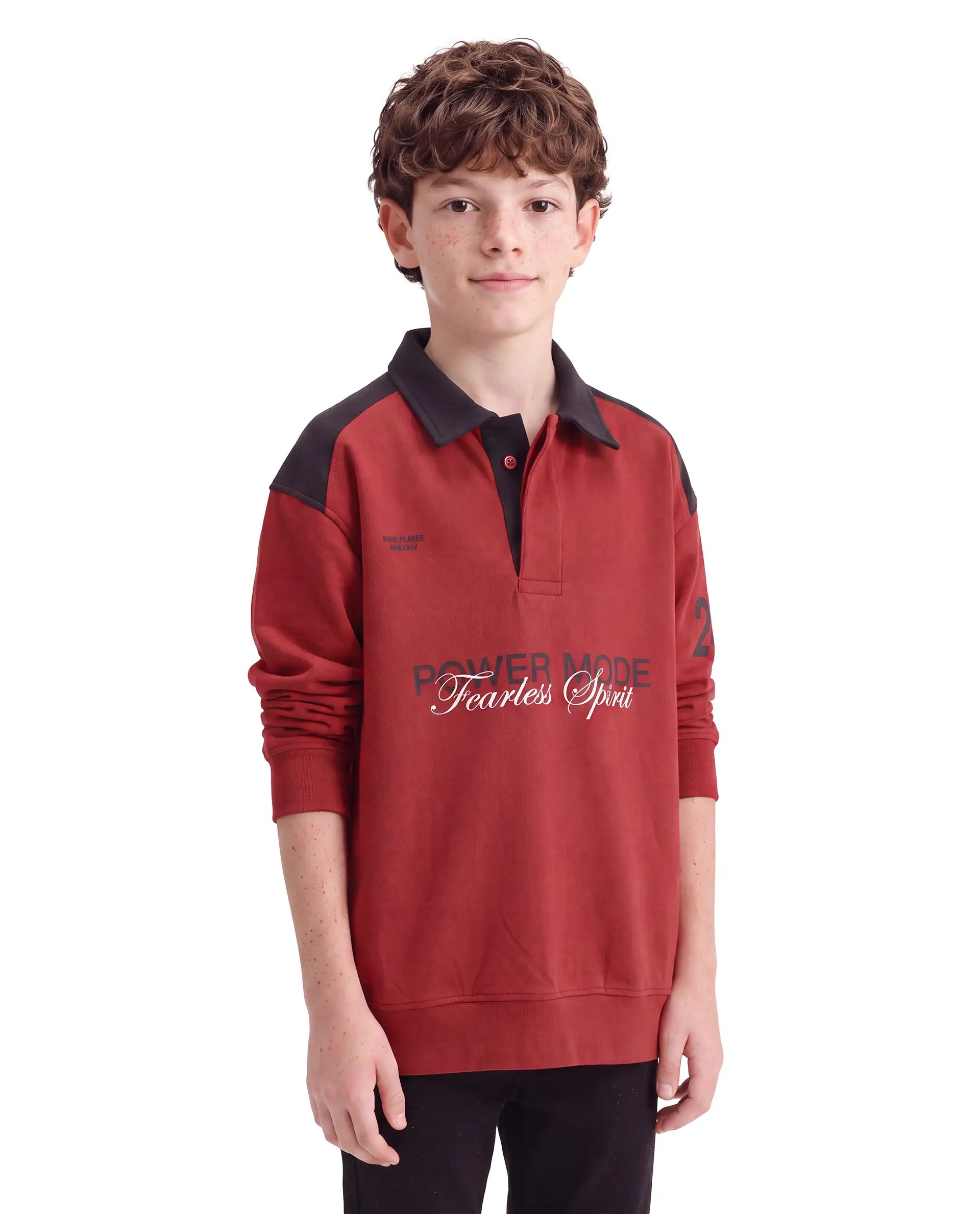 Rare Ones Kids Lars Rust Cotton Blend Fabric Spread Collar Button Closure Oversized Fit Graphic Print Polo