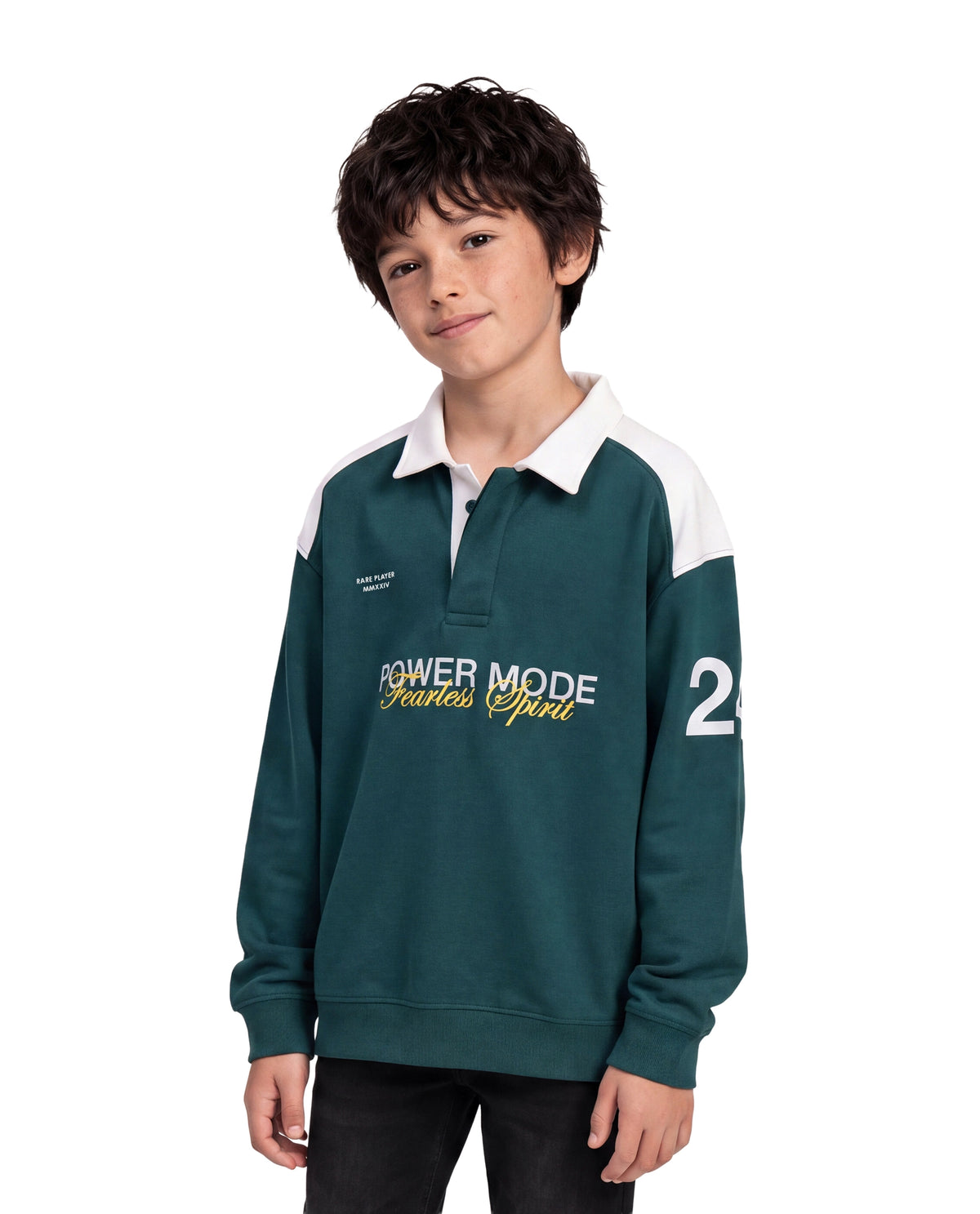 Rare Ones Kids Lars Teal Cotton Blend Fabric Spread Collar Button Closure Oversized Fit Graphic Print Polo