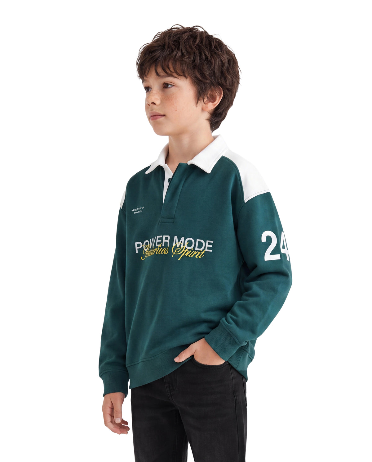 Rare Ones Kids Lars Teal Cotton Blend Fabric Spread Collar Button Closure Oversized Fit Graphic Print Polo