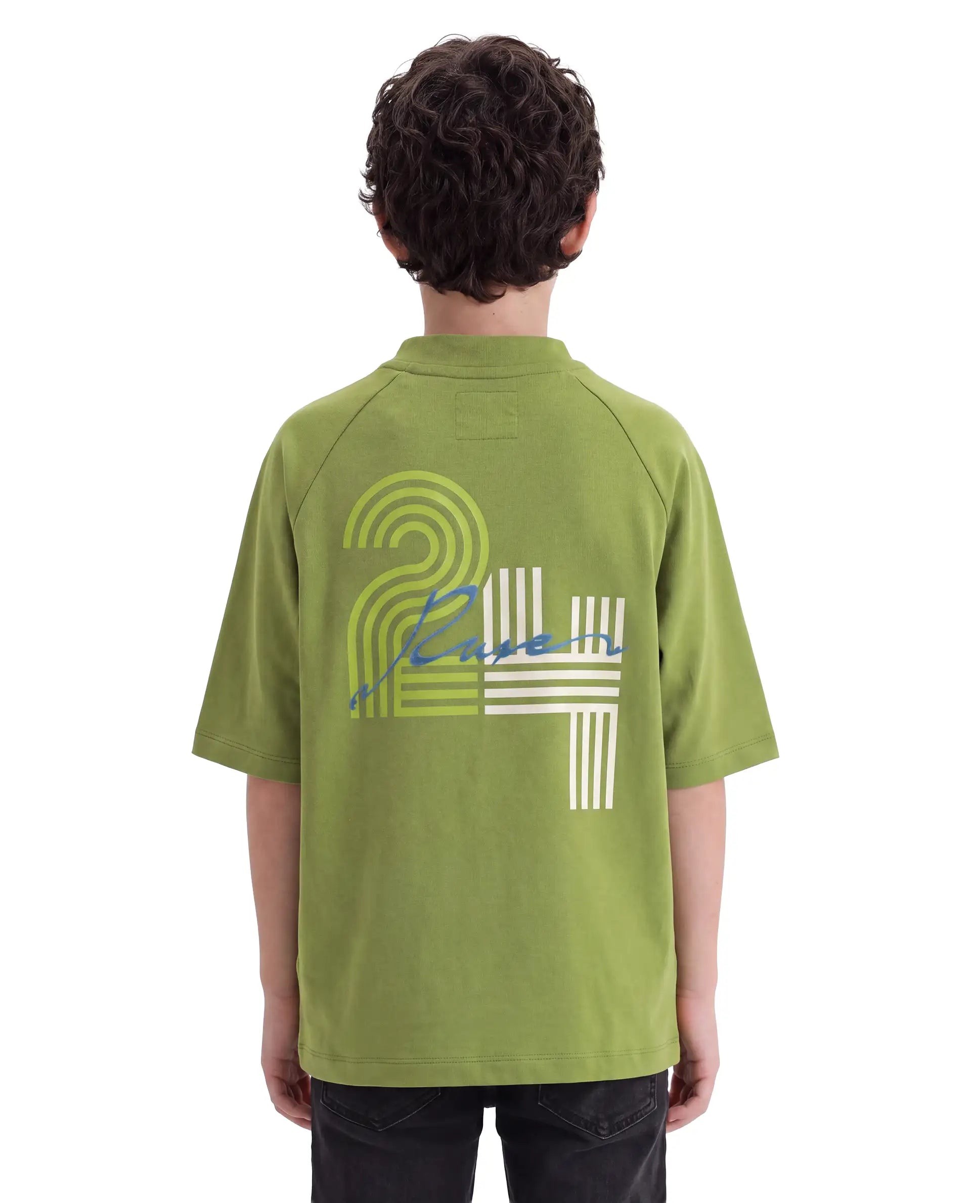 Rare Ones Kids Travis Light Olive Cotton Fabric Pull-On Oversized Fit Graphic Print T-Shirt