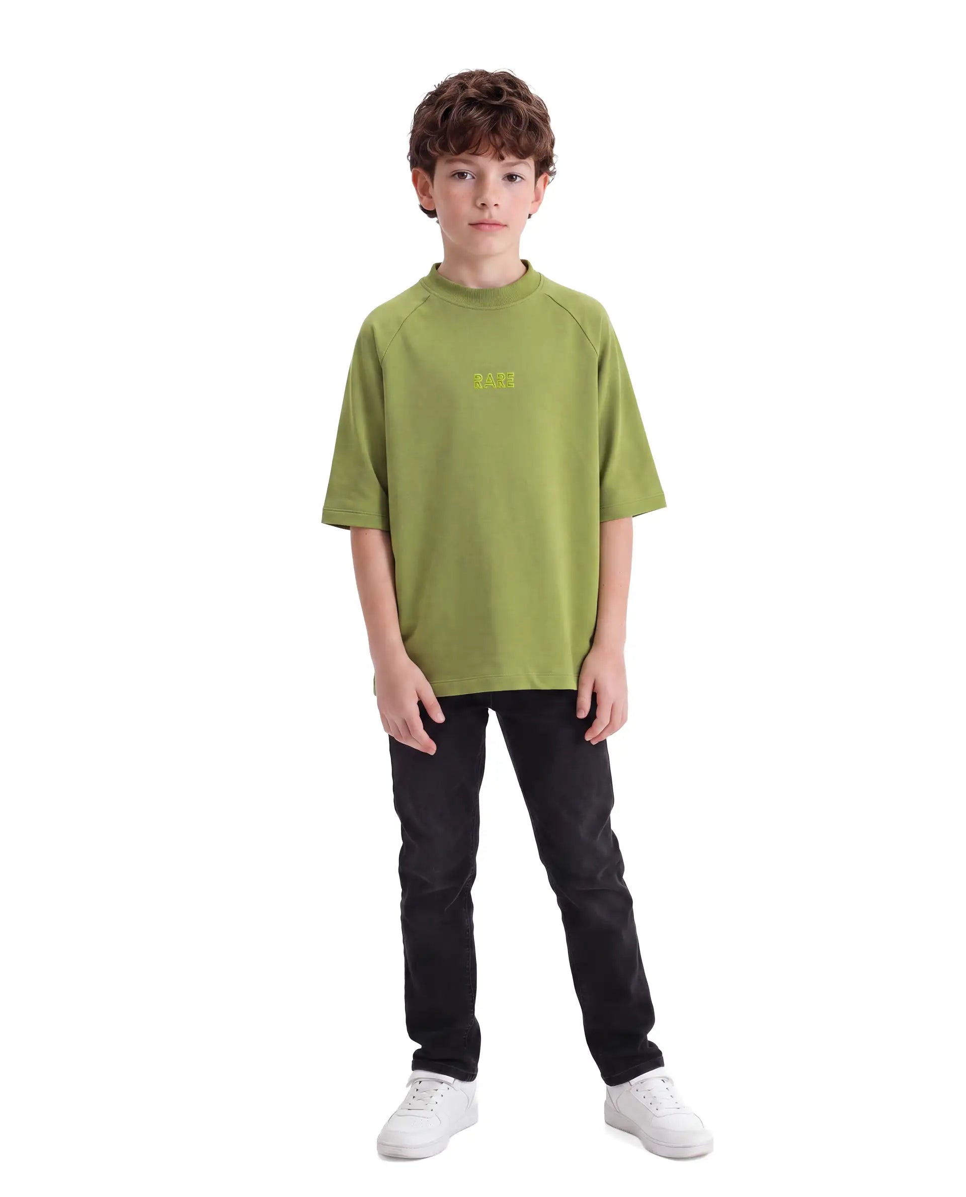 Rare Ones Kids Travis Light Olive Cotton Fabric Pull-On Oversized Fit Graphic Print T-Shirt
