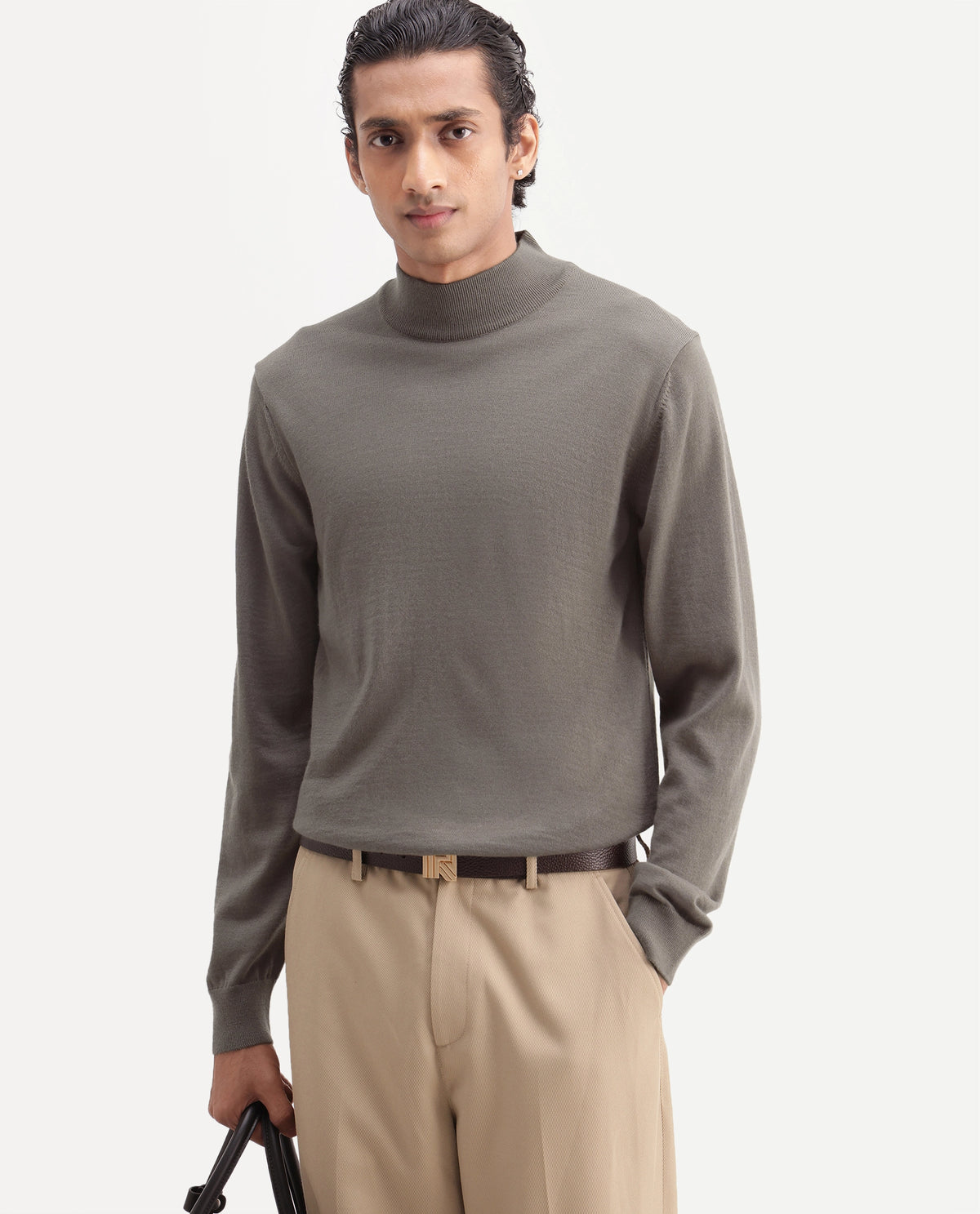 Rare Rabbit Men's Bren Dark Beige Acrylic Blend Regular Fit Sweater