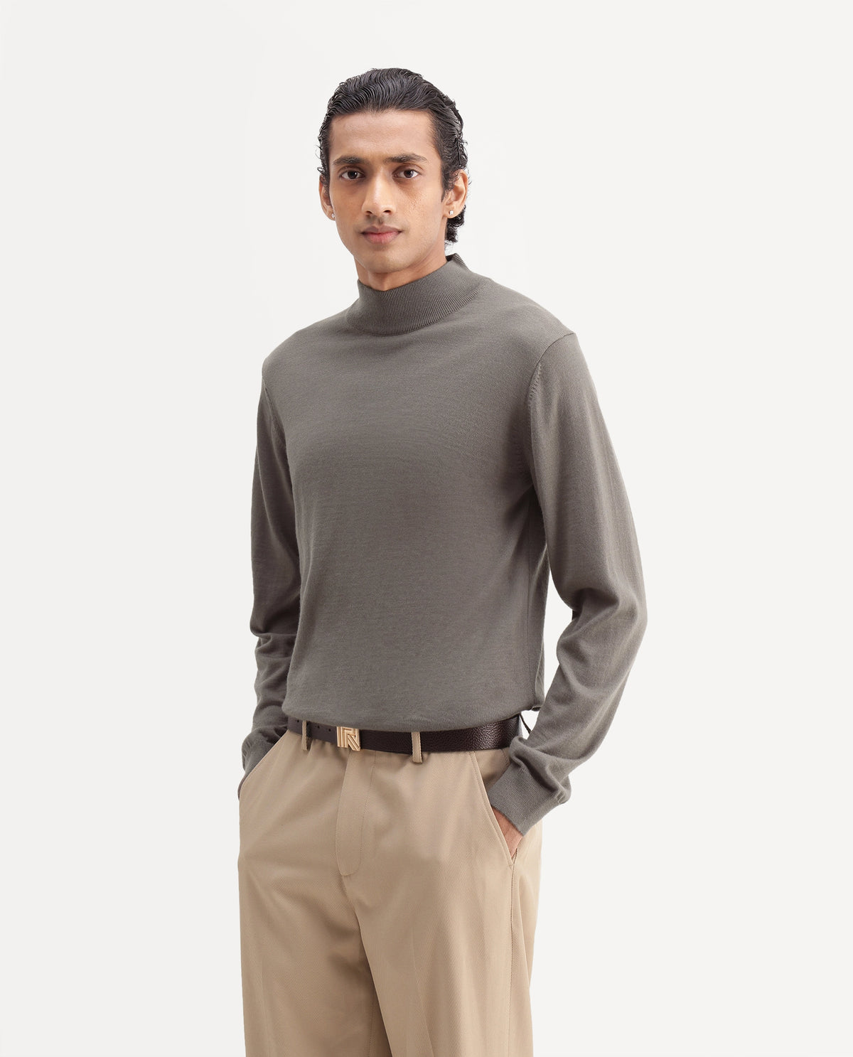 Rare Rabbit Men's Bren Dark Beige Acrylic Blend Regular Fit Sweater