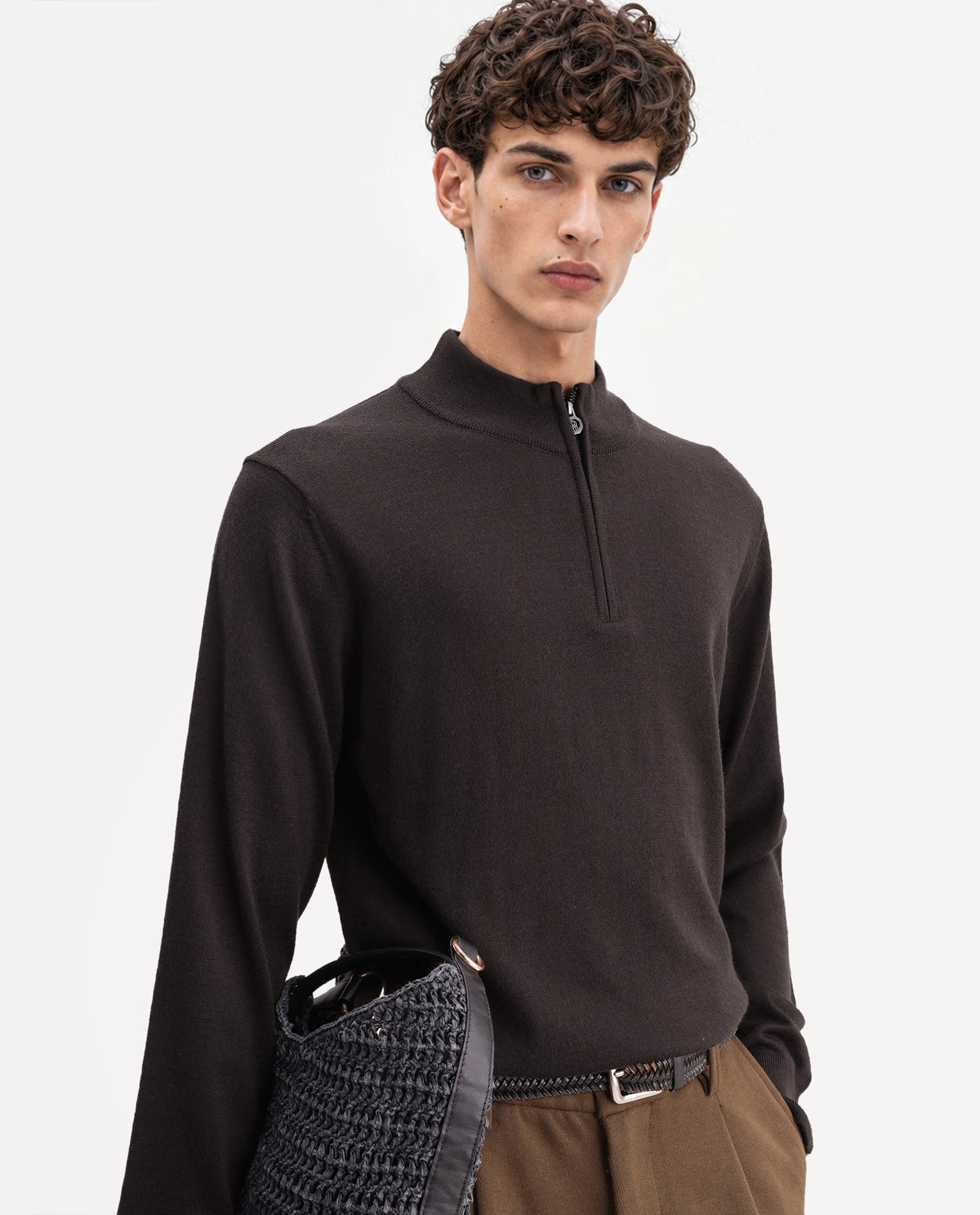 Rare Rabbit Men's Niff Dark Brown Acrylic Blend Zipper Regular Fit Sweater